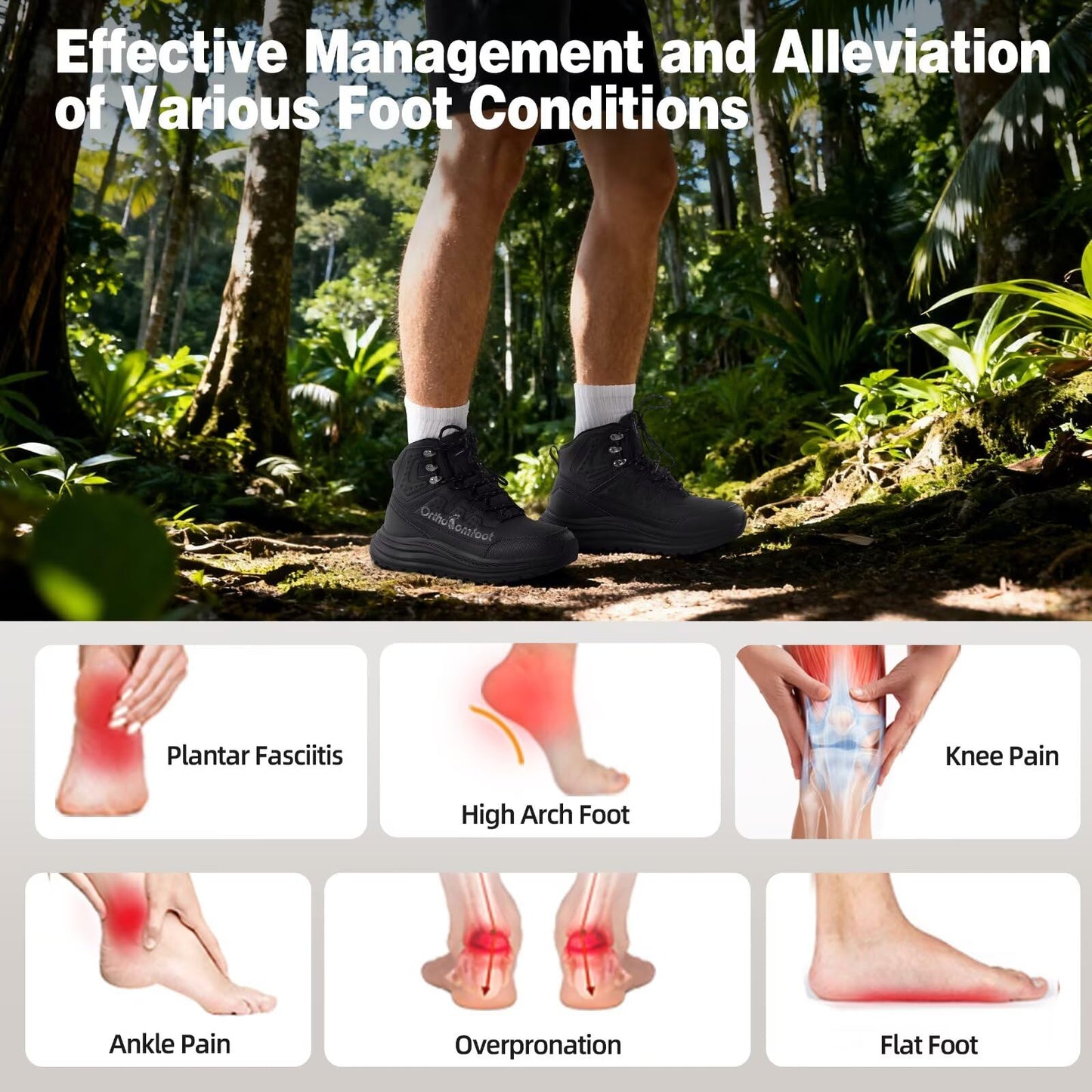 Men's Orthopedic Wide Mid Trekking Hiking Boots: Comfortable Plantar Fasciitis Orthotic Arch Support Bunions Recovery Sport Boot, Leisure Slip Resistant Outdoor Hang Out Walking Shoes Black Size 11
