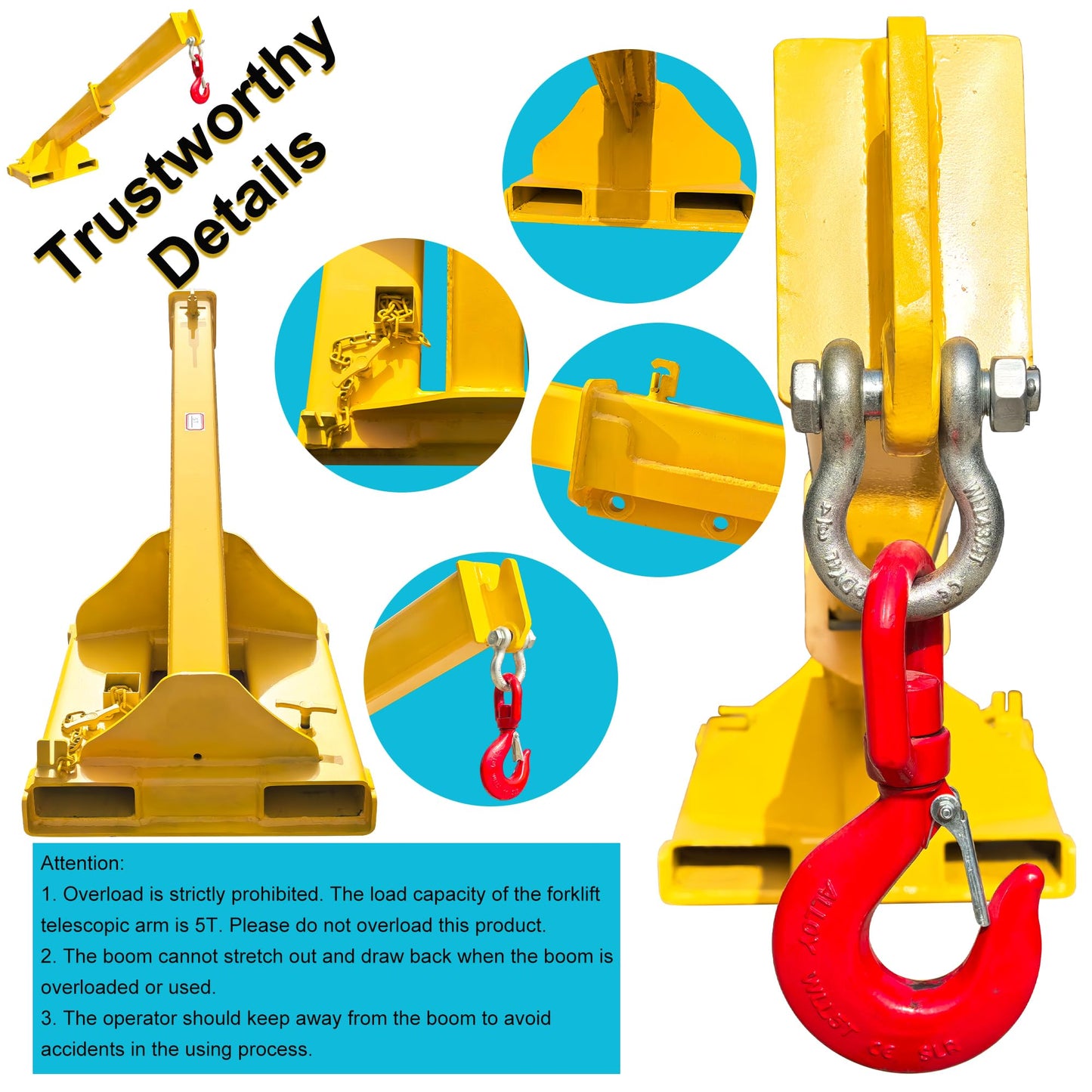HayWHNKN Forklift Jib Boom Forklift Mobile Crane, 5T / 11000LB Telescopic Crane Attachment with Hook, Max Length 96.5'' Mobile Lifting Hoist Towing Handling for Warehouse & Construction Material