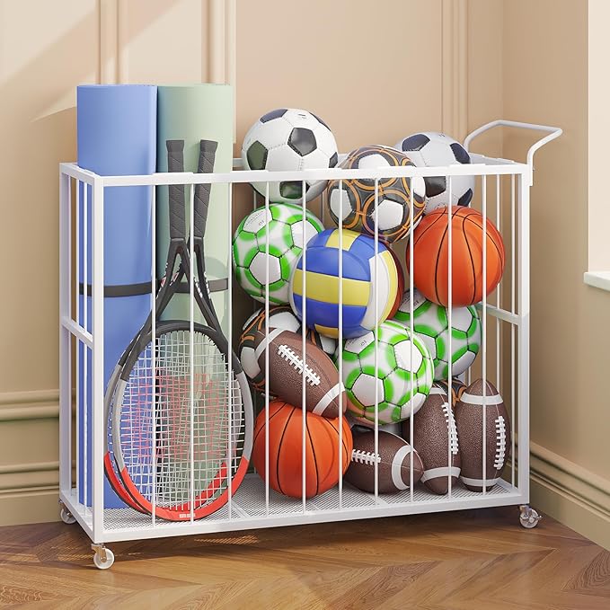 Ball Storage Bin Rolling Sports Ball Cart, Metal Garage Organizer Sport Rack, Ball Basket Storage, Ball Cage for Garage or Gym, Indoor & Outdoor Sports Equipment Organizer