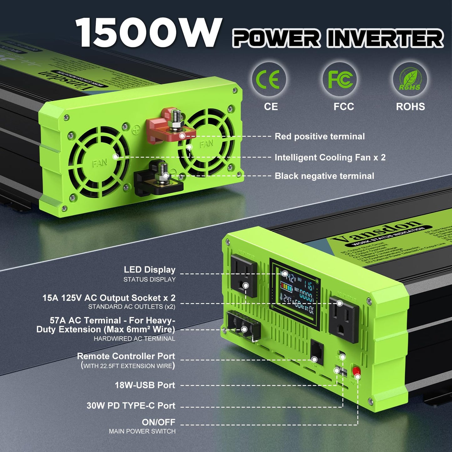 Vansdon 1500W Pure Sine Wave Inverter 12V DC to 120V AC Power Inverters for RV,Truck, Vehicles, Solar, Off-Grid, Car Power Inverter with LCD Display, 2 AC Outlet, 30W USB-C, 5V 2.1A USB, Surge 3000W