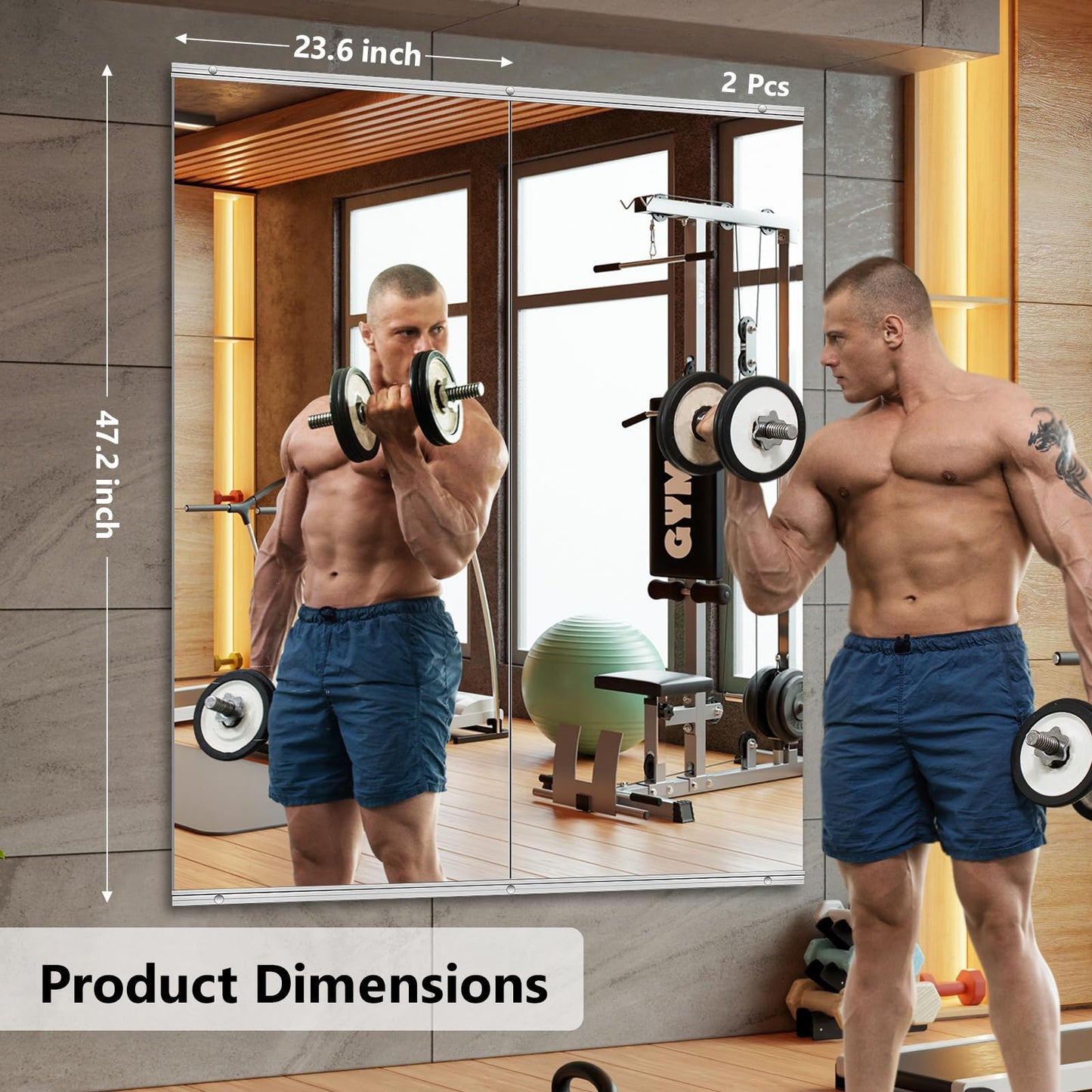 ERZERT Home Gym Mirror,2 Pack Large 47.2x23.6 Inch Frameless Tempered Glass Wall Mirror, Full Body Workout and Decorative Mirrors for Home Gym, Yoga, Dance Studio, Garage, Exercise Room