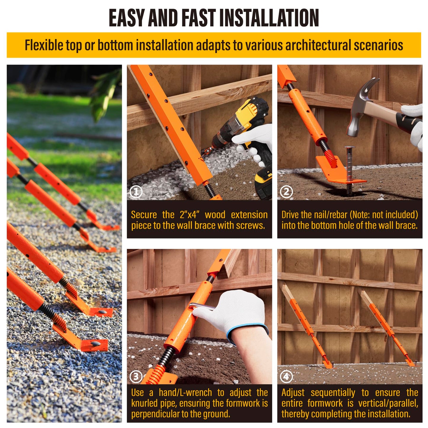 EPCEE Adjustable Wall Brace Concrete Turnbuckle Form Aligner 33.2"-40" Length Heavy-Duty Steel Formwork Support Anti-Loosening Brace for Walls/Columns/Beams (8, Safety Orange, 33.2"-40")