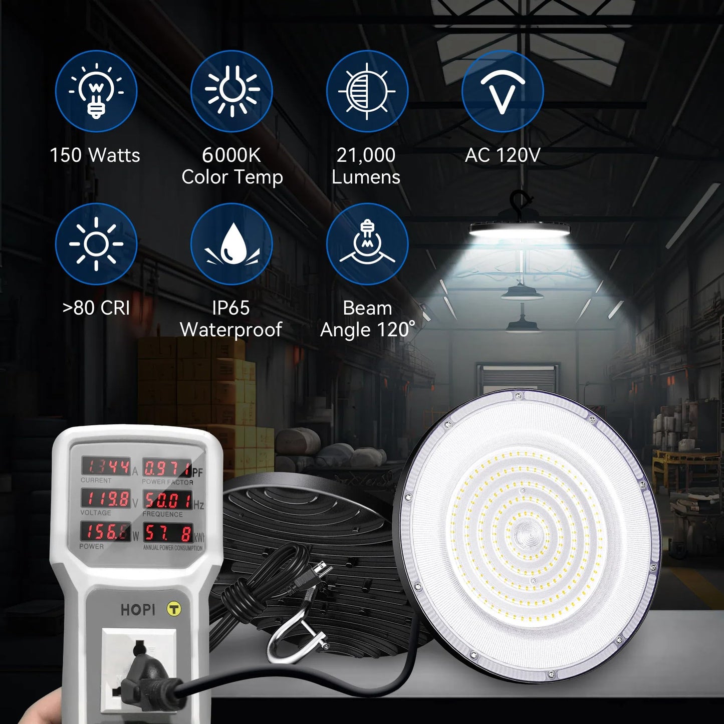 Yihuven 10 Pack UFO Led High Bay Light 150W, 21000lm, 6000K Daylight Plug & Play Lighting for Warehouse, High Bay Led Lights with 5' Cable US Hook, IP65 Waterproof Commercial Light Fixture