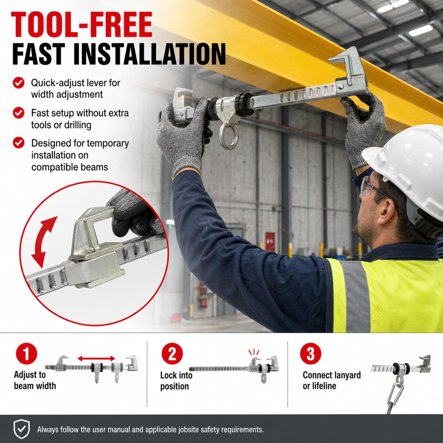 Orvexa Aluminum Horizontal Sliding Beam Anchor, Adjustable Fall Protection Beam Anchor for I-Beams & H-Beams, Fits 4" to 14.6" Flange Width, 5,000 lbf / 22.2 kN, OSHA & ANSI Compliant, Tool-Free