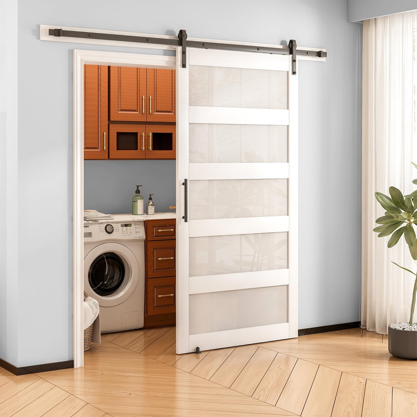 OHTOMO 36 in x 84 in Sliding Barn Door, 5-Lite Frosted Glass Door with 6.6FT Hardware Kit, Floor Guide Included, Waterproof PVC Surface, Pre-Drilled Holes, Need Assembly for Bathroom Kitchen White