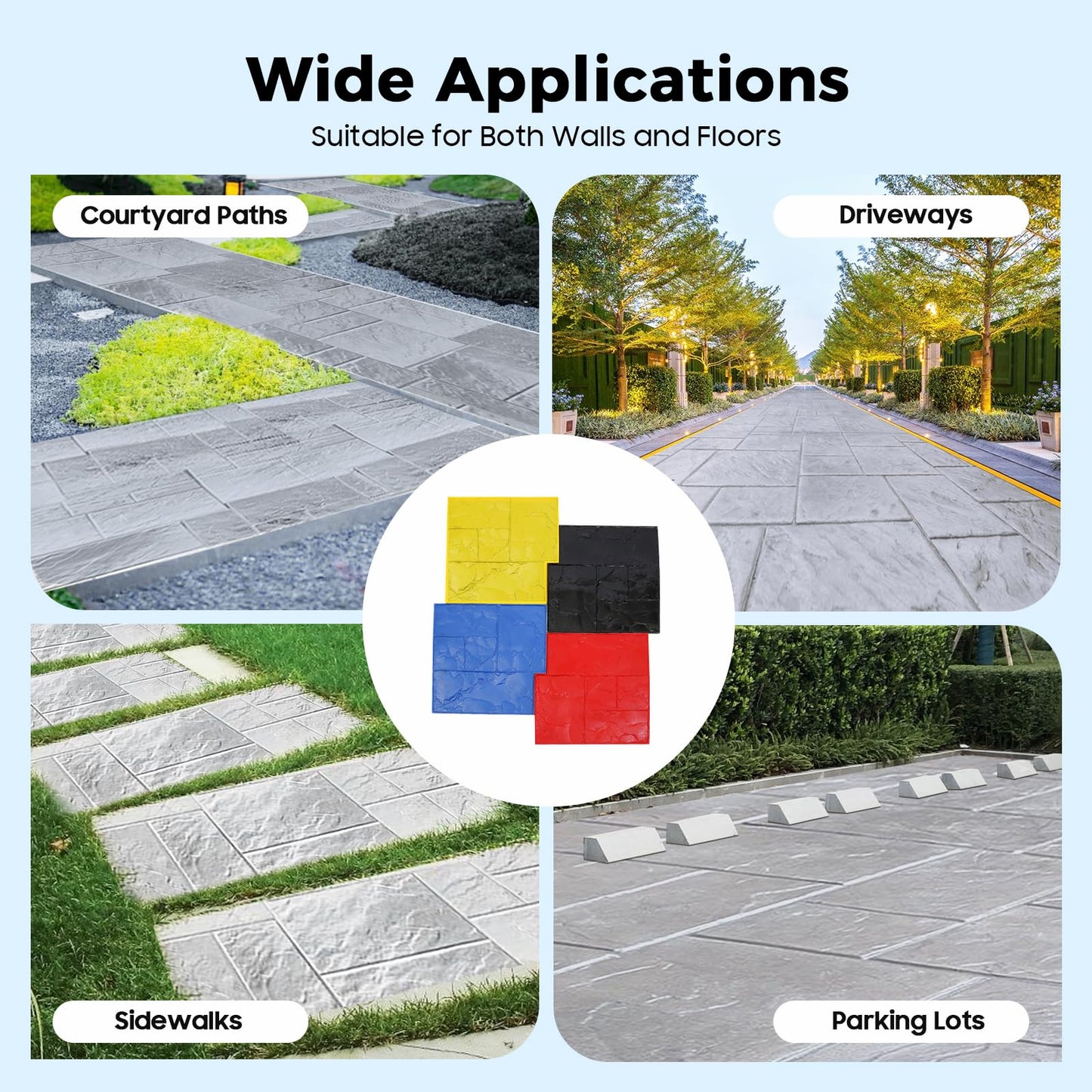 Ageanbri4 PCS Concrete Stamps Mats Set 24"x24" Concrete Texturing Skin Concrete Stamps Mats with Handle, Realistic Concrete Texture Mat for Walls Floors