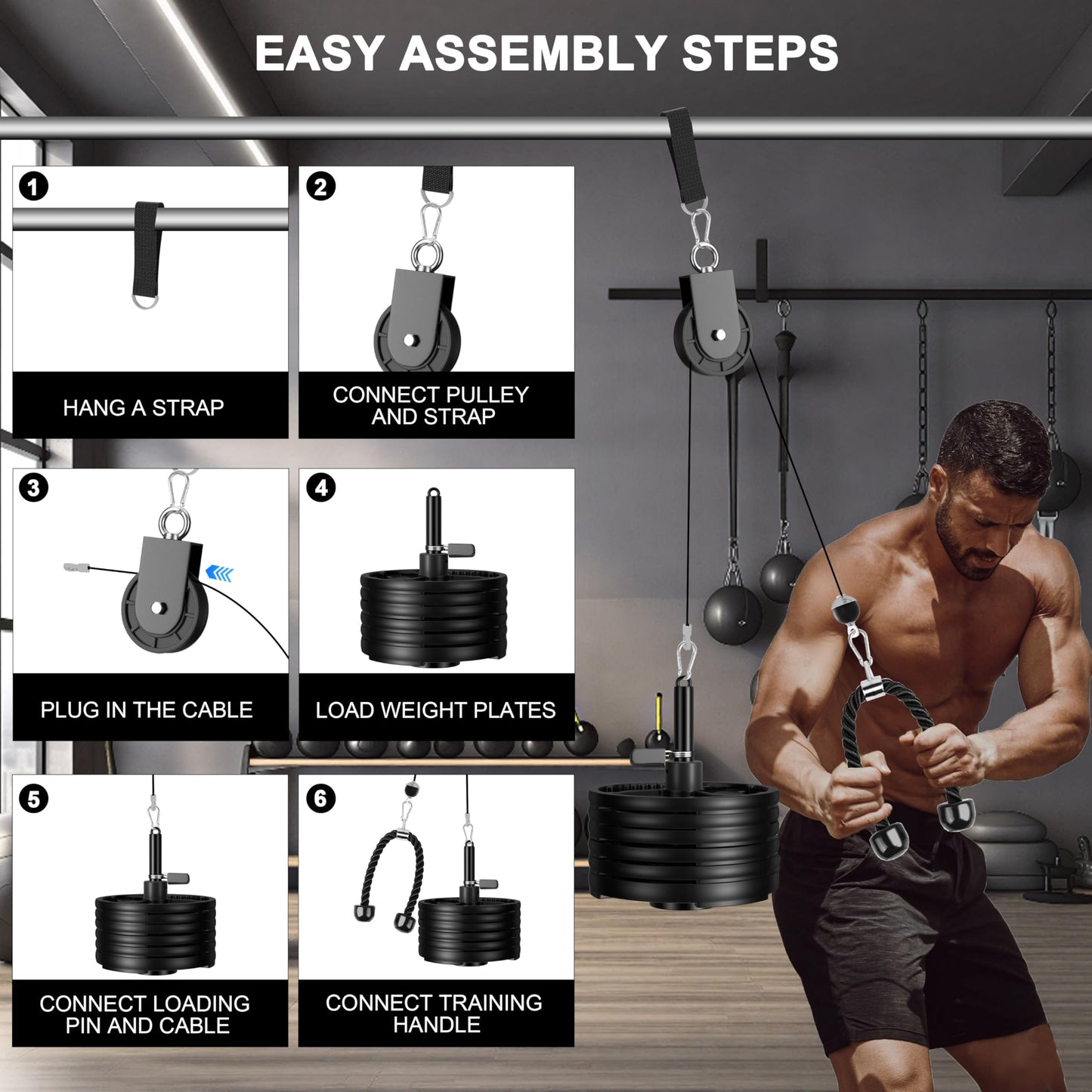 HWOOUSA Cable Pulley System for Home Gym, Silent Heavy Duty Pulley Kit Fits 1 & 2" Plates, Tricep Pull Down & Bicep Curl Attachment for Power Racks, 350LBS Capacity Strength Training Equipment