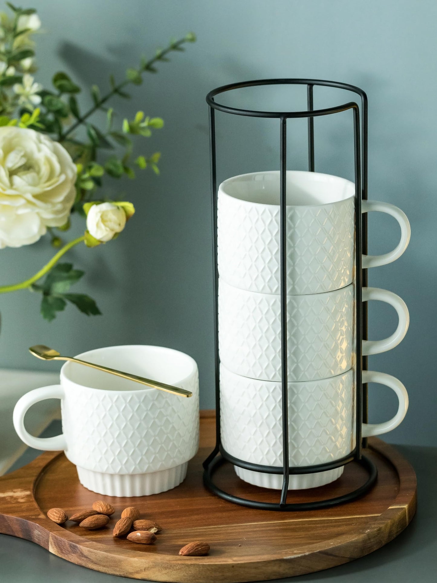 LYEOBOH Stackable Coffee Mugs with Rack, 13 oz Ceramic Coffee Mug Set of 4 with Stand, Latte Cup with Spoon, Cappuccino Cups for Hot Cocoa, Milk, White