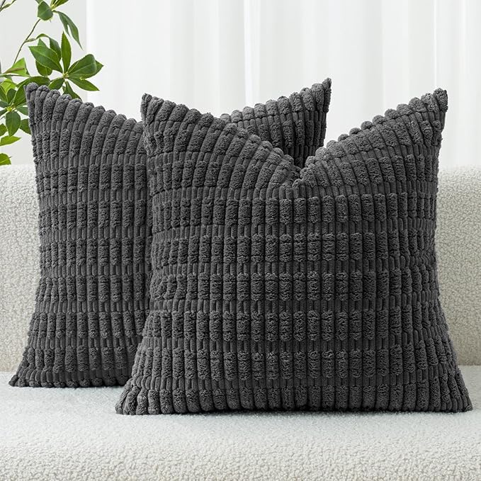 MIULEE Pack of 2 Corduroy Decorative Throw Pillow Covers 24x24 Inch Soft Boho Striped Pillow Covers Modern Farmhouse Home Decor for Sofa Living Room Couch Bed Dark Grey