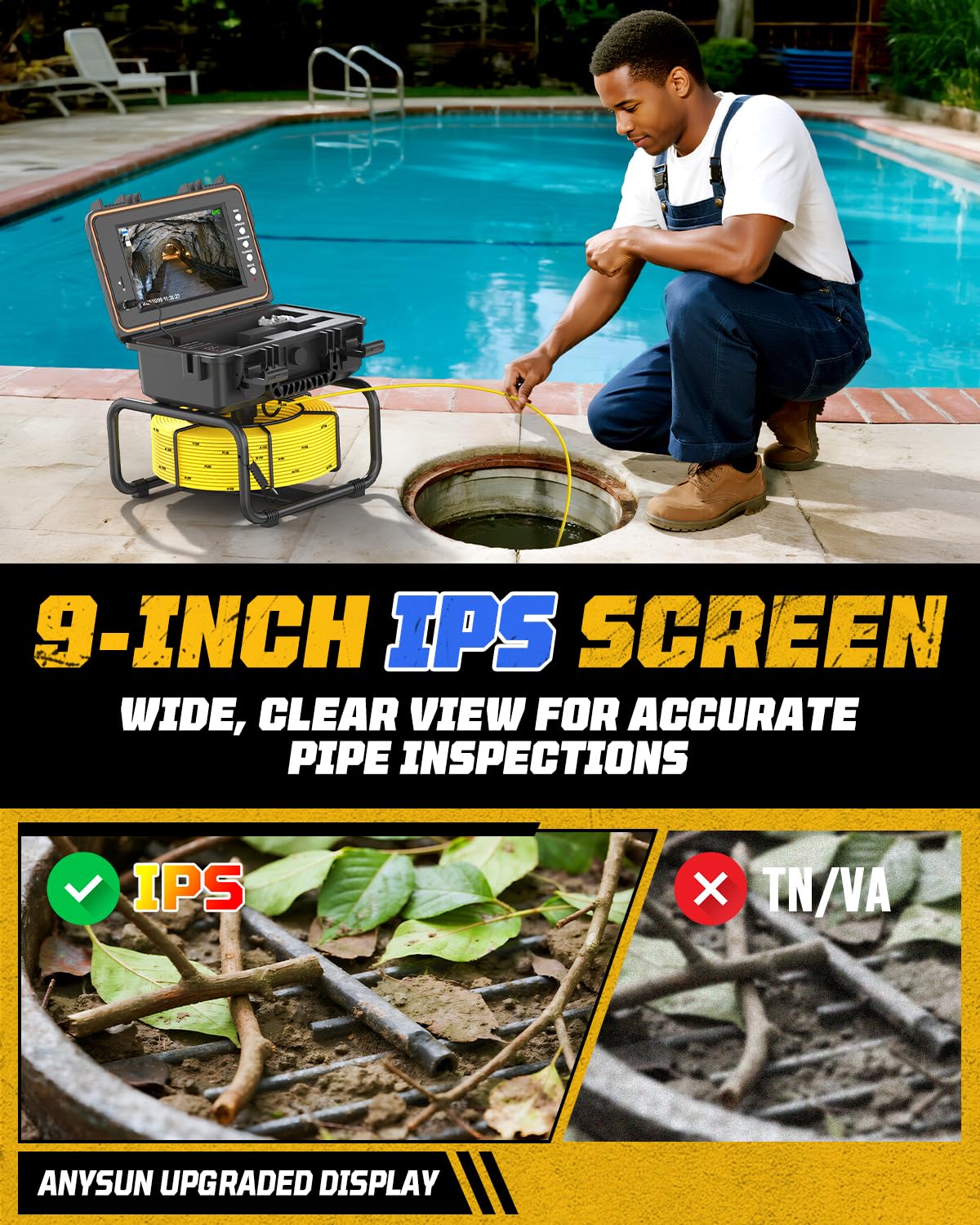 Anysun 9'' Sewer Camera Self Leveling, Length Marker, 5100mAh, IPS Screen, HD 1080P with DVR - 32GB, IP68 Sewer Pipe Cam, Sewer Scope Pipe Drain Plumbing Inspection Cameras Borescope Snake (100Ft/30M)