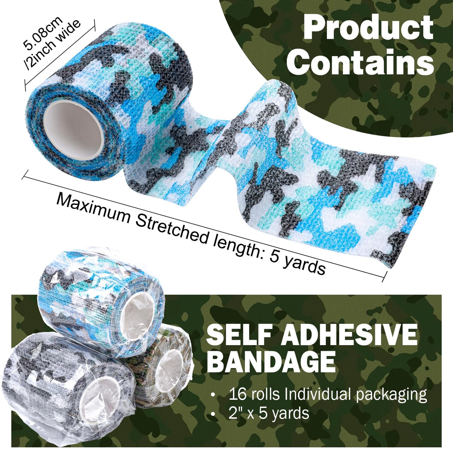 AZEN 16 Pack Self Adhesive Bandage Wrap, 2" X 5 Yards Elastic Cohesive Bandage Wrap, Athletic Tape, Vet Wrap, Ankle Tape, Tattoo Tape Wrap (Camo)