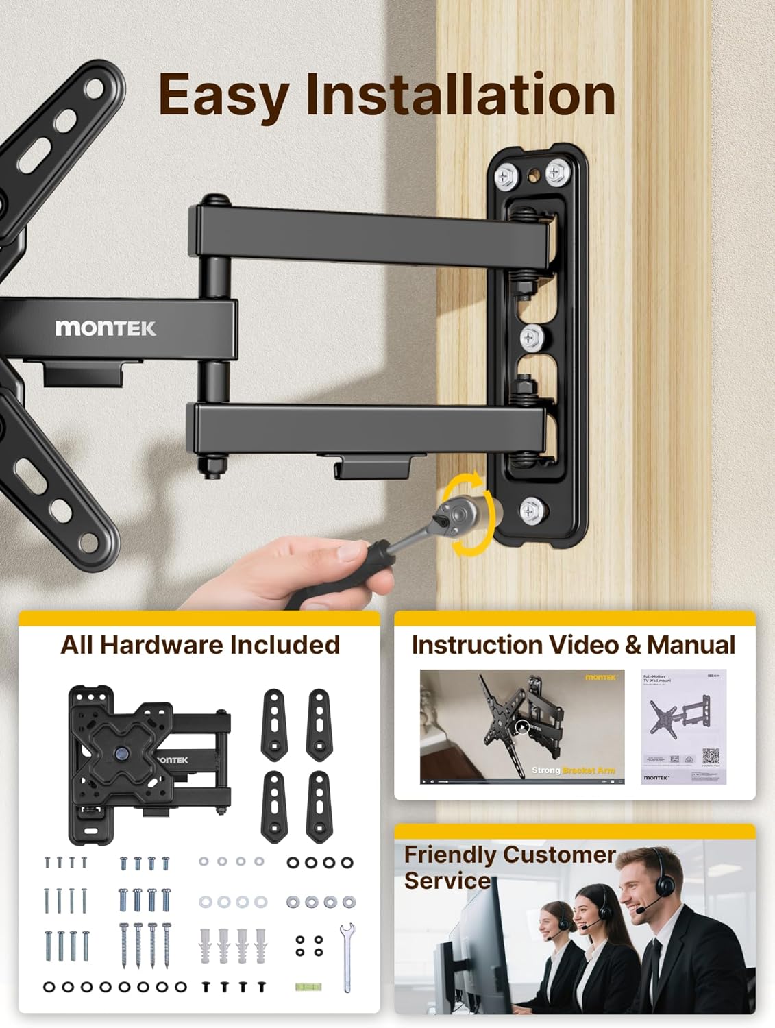 monTEK 13-43 Inch 200x200mm, 44lbs Full Motion TV Wall Mount Bracket for Most LED LCD Flat Screen TVs & Monitors