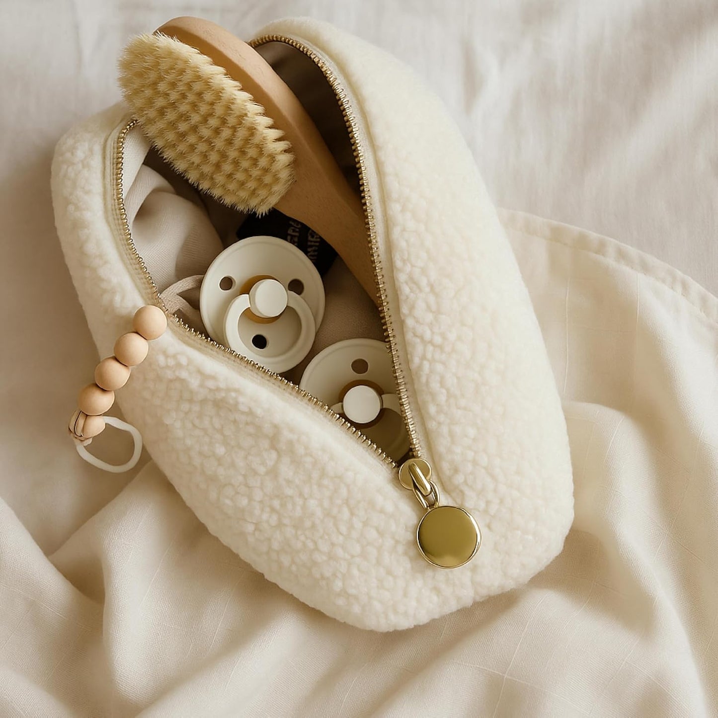 Orelle Bouclé Diaper Caddy Organizer - Portable Changing Table with Matching Pouch & Moon Pendant | Cream