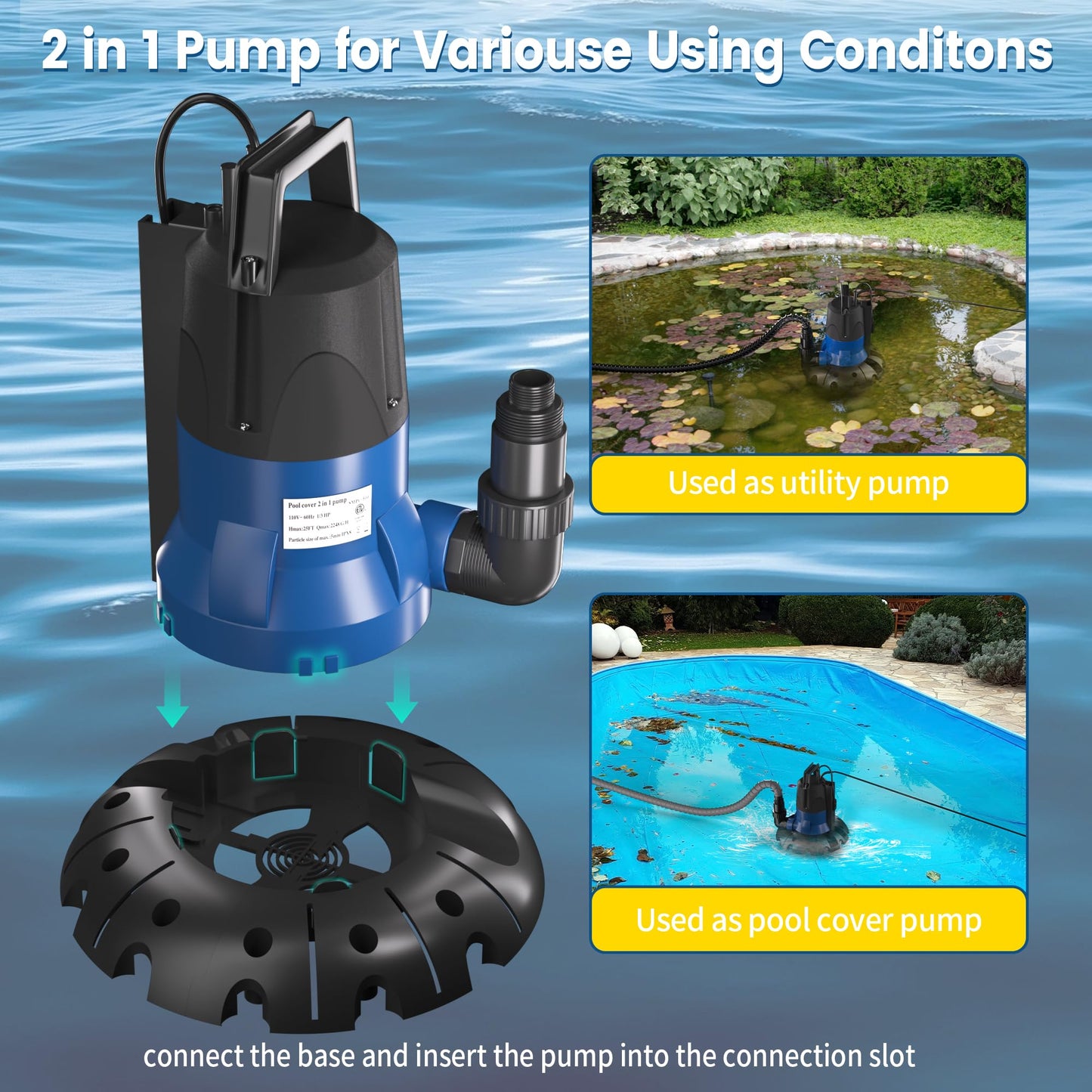 Cofiyard 1/3 HP 3000GPH Water Pump with Manual and Automatic Mode, Water Removal Sump Pump with 25 Feet Power Cord
