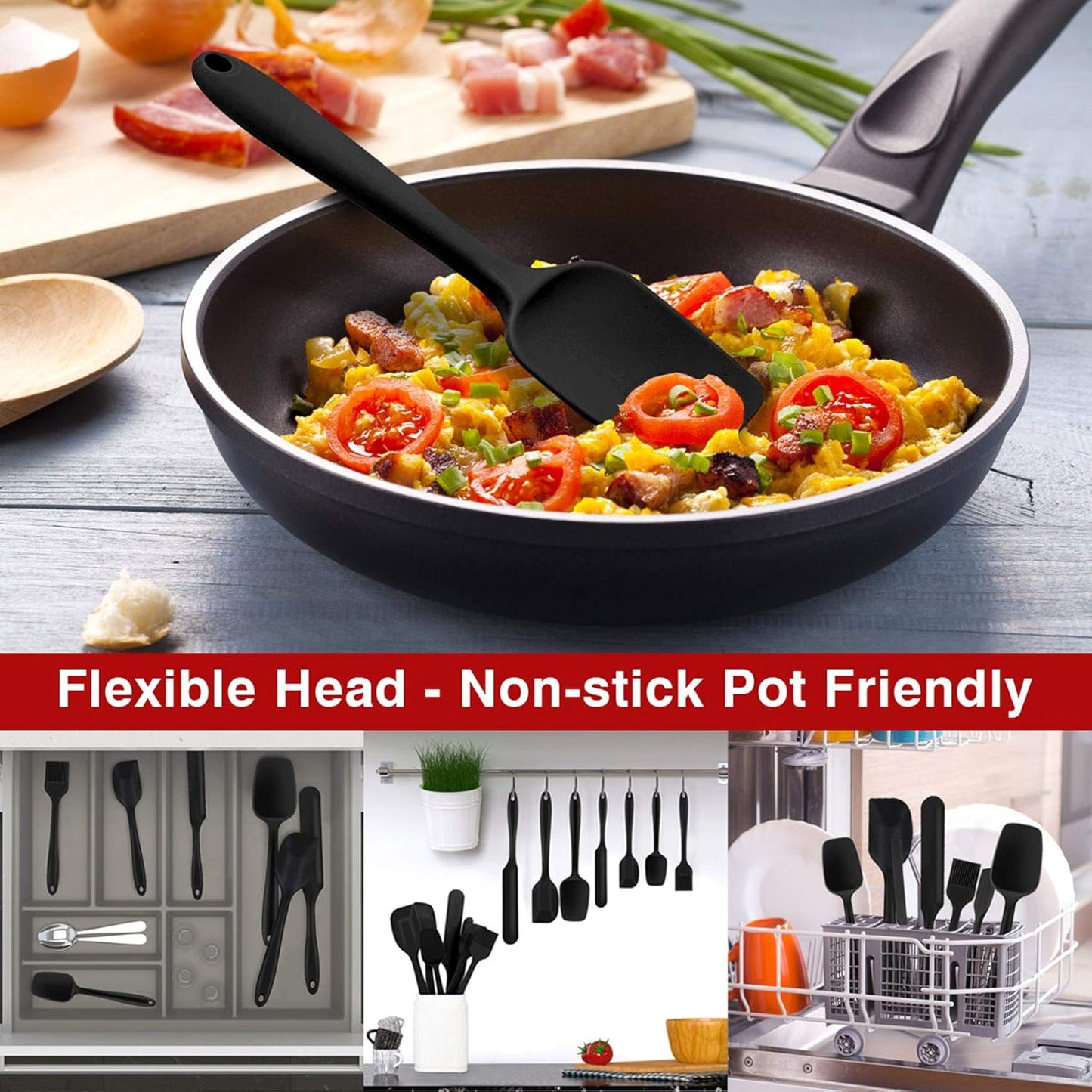 P&P CHEF Silicone Spatula Set - 7 Heat-Resistant Kitchen Utensils for Non-Stick Cooking | Flexible & Dishwasher Safe, Black
