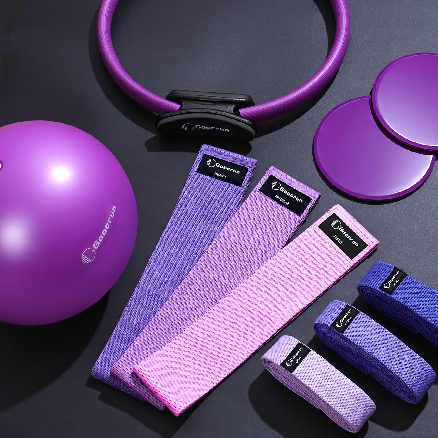 Goocrun Pilates Ring Set Exercise Equipment, with Fabric Resistance Bands Set, Pilates Ball, Sliding Disks. Portable Home Gym - with Fitness Guide Poster (Purple)