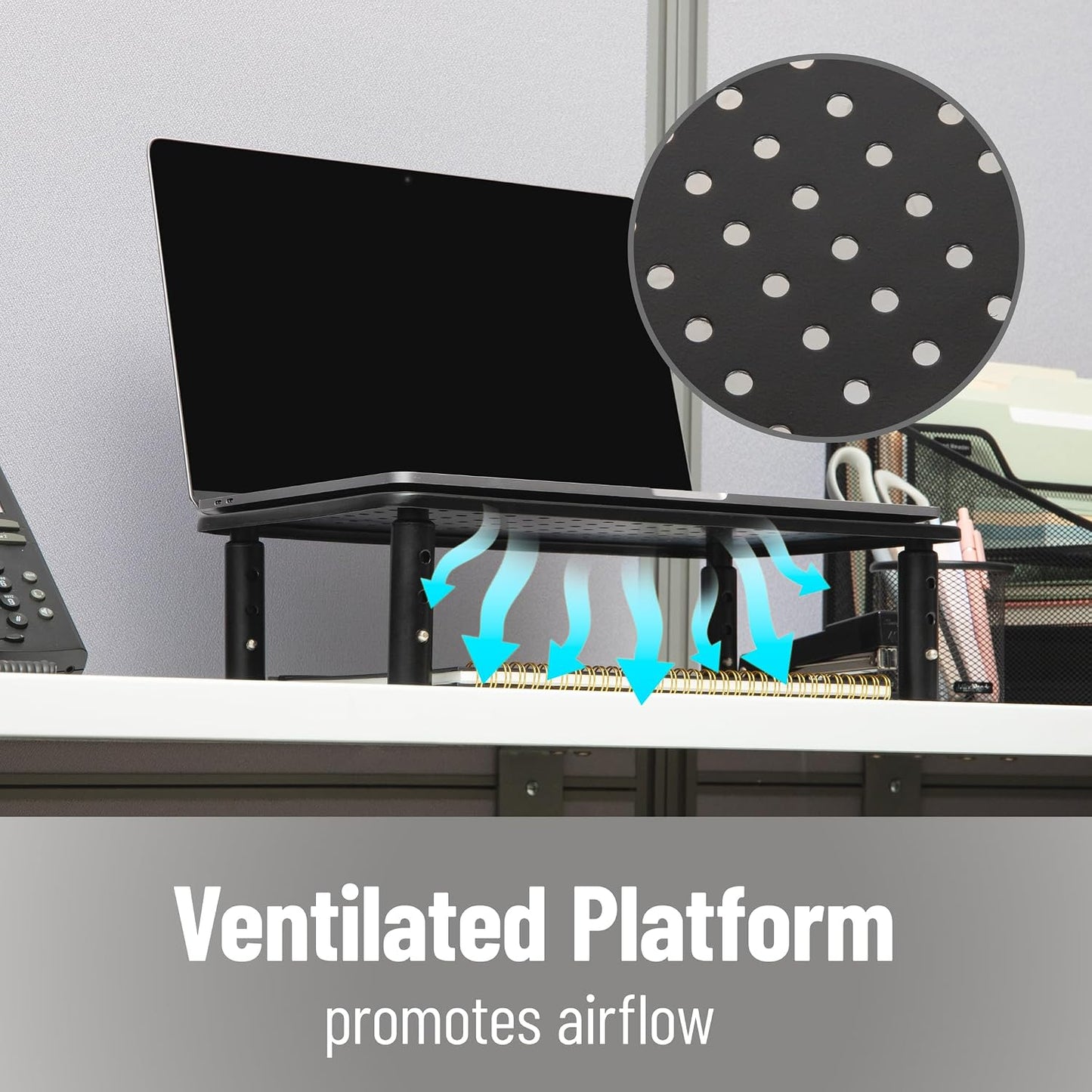 14.5"L 9.25"W 5.5"H, Mind Reader Monitor Stand, Height Adjustable, Ventilated Laptop Riser, Office, Metal, x x Black