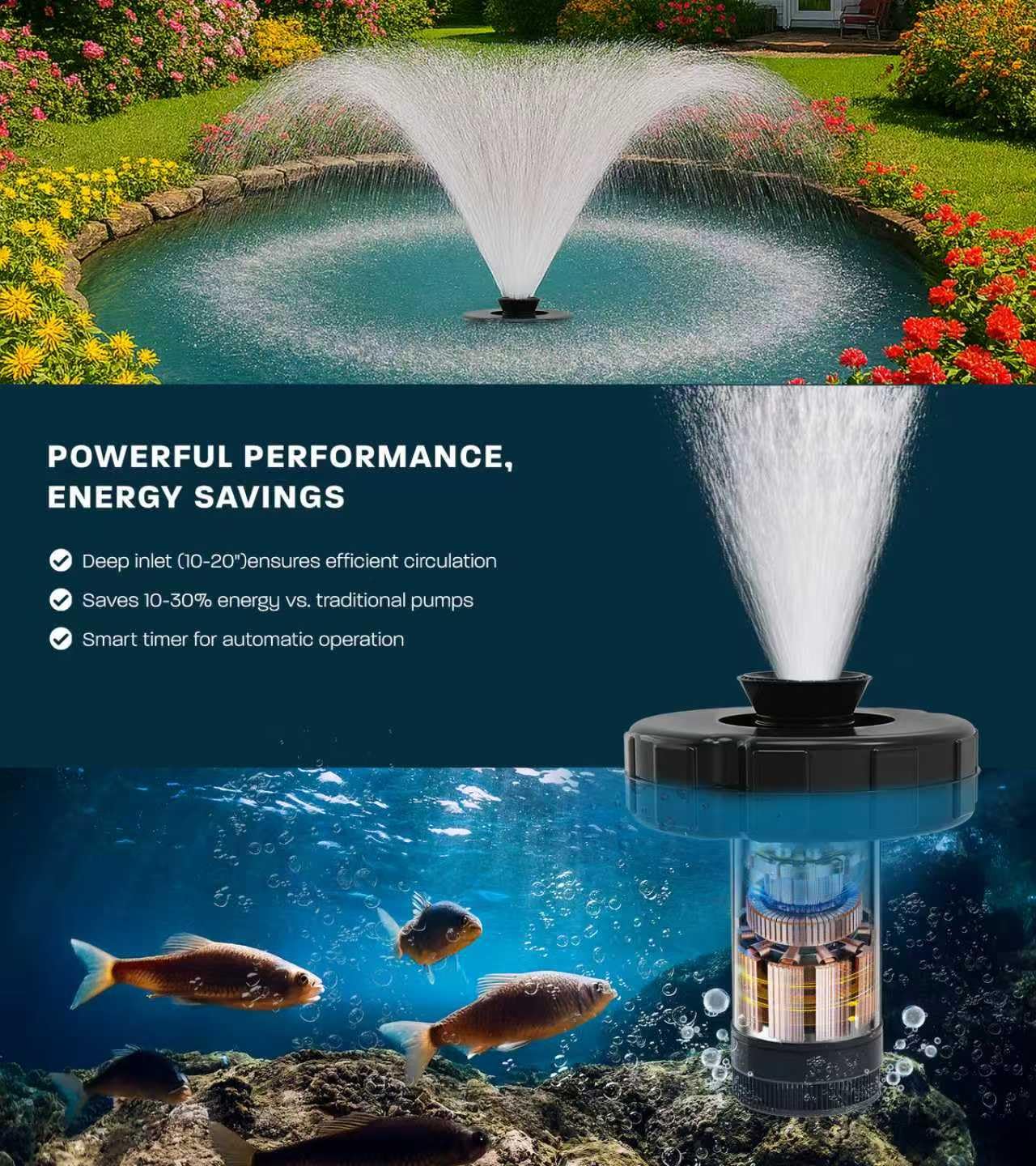 KYZDZQ 15000 GPH Pond Fountain Aerator, 110V,Floating Pond Fountain Pump with Stainless Steel Body, Pond Aerator Pump for Small & Large Ponds and Lakes (Black)