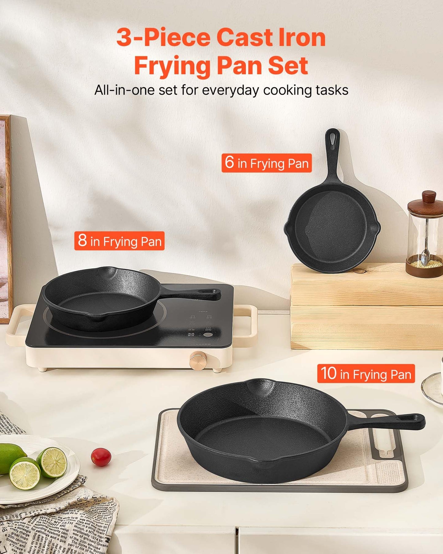 VEVOR Cast Iron Skillet, 3-Piece Frying Pan Set (6, 8, 10 in), Heavy-Duty Skillets with Heat-Resistant Handle, Pre-Seasoned Chef's Pan, Kitchen Cookware, for Oven, Gas, Electrical, Induction, Black