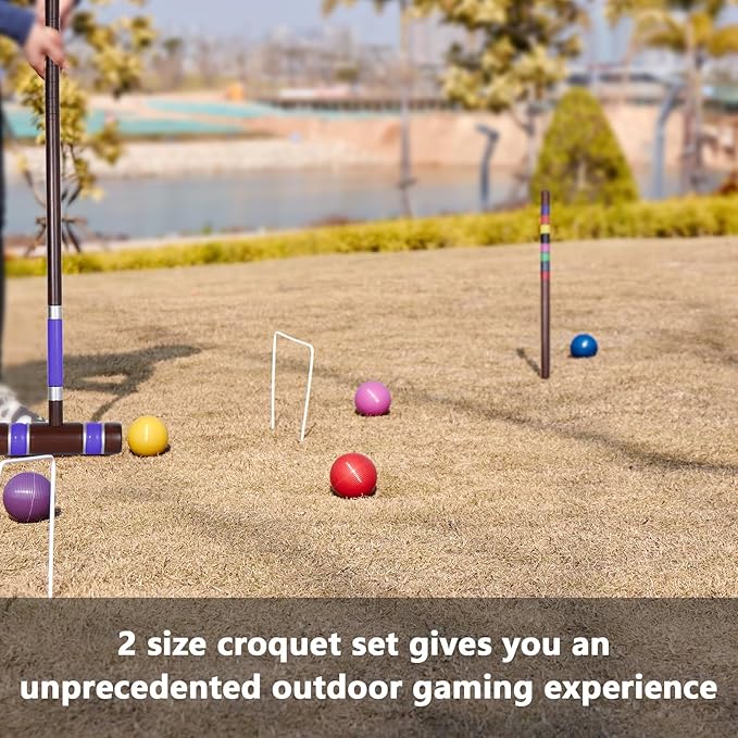 Deluxe 8 Players Croquet Set with 32In Regulation | 28In Standard Size Rubber Wood Mallets, Colored PE Ball, Wickets, 21In End Stakes - Lawn Backyard Game for Teens/Adults/Family