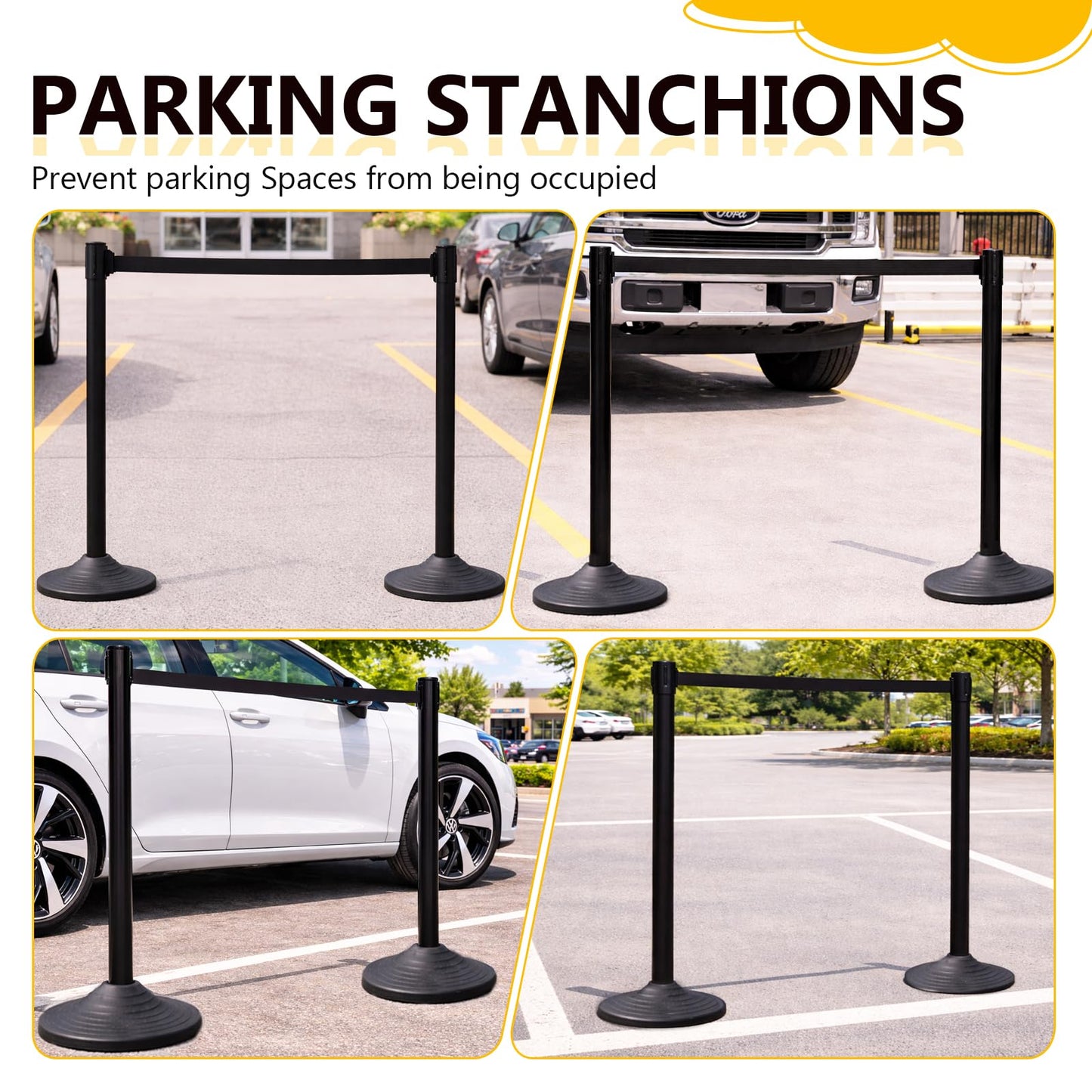 6PACK BESEA Crowd Control Stanchions Set Heavy Duty Crowd Control Barriers with 10' FEET Black Retractable Belt, Rubber Base(6PACK)