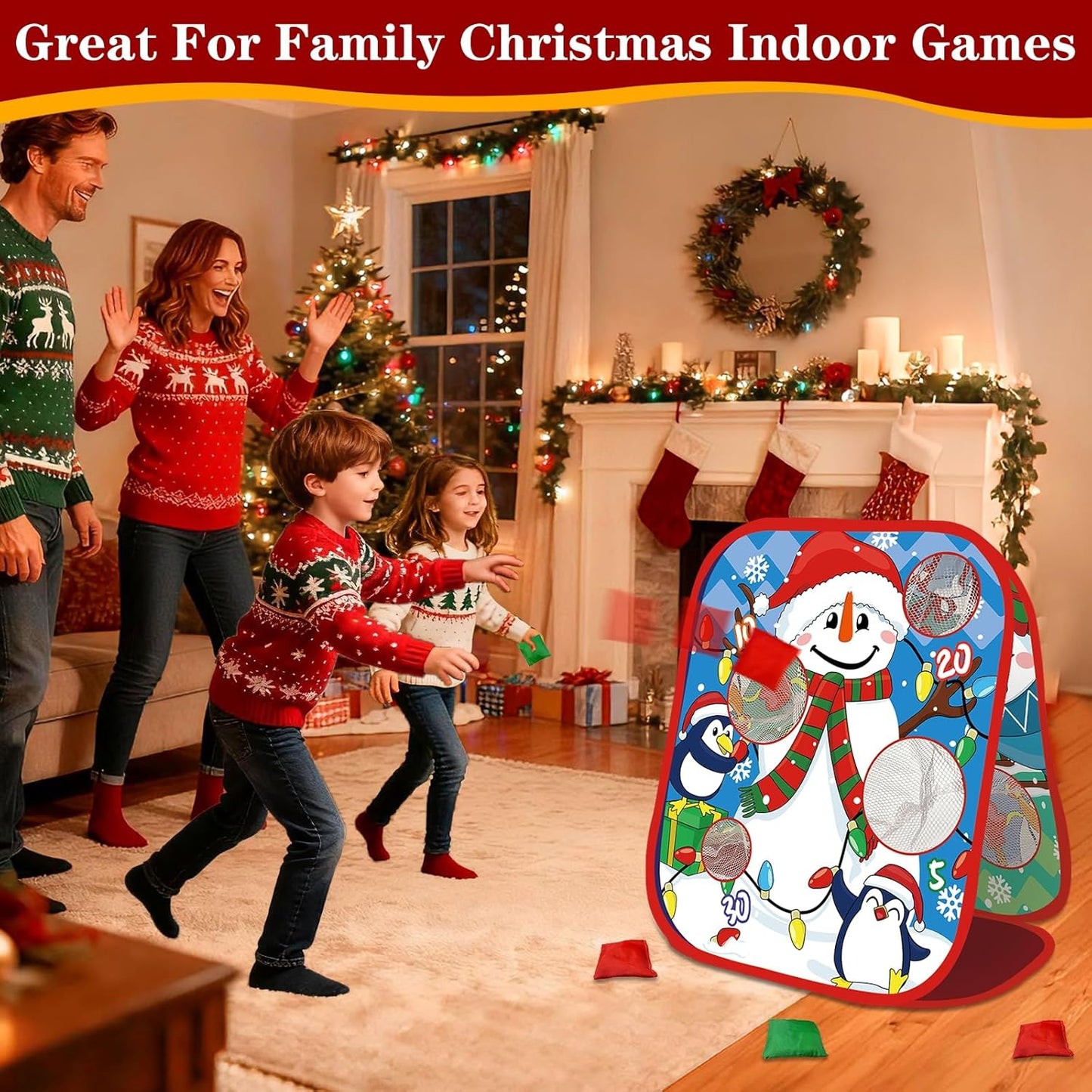 Skiennix Christmas Party Games - Double-Sided Bean Bag Toss Game | Foldable Cornhole Board for Family Fun