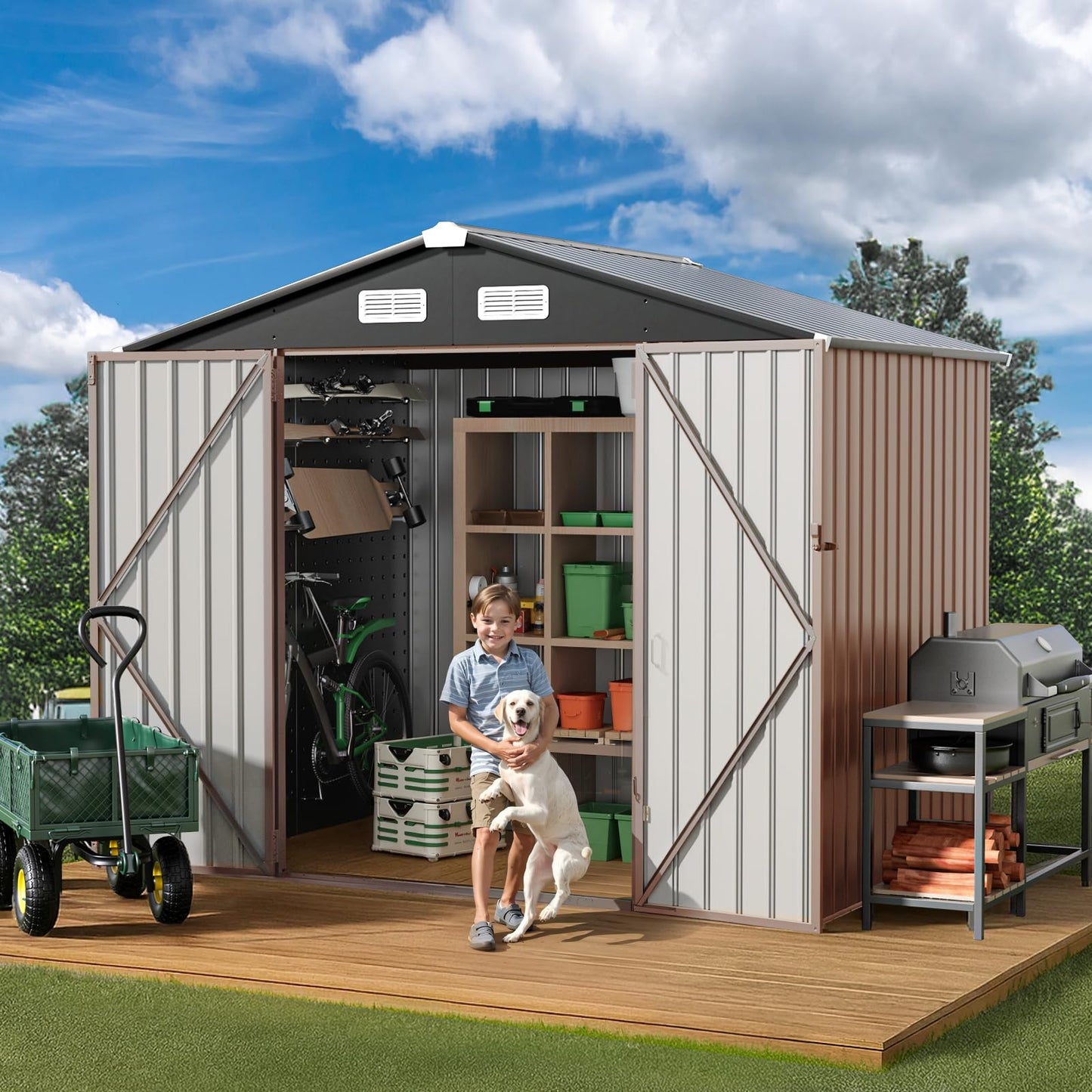 GVDV 8x6 FT Full Size Outdoor Metal Storage Shed, Durable Garden Shed with Reinforced Sidewall Girts & Updated Frame Structure, All-Weather Shelter for Backyard, Patio, Tool, Bike Storage (No Floor)