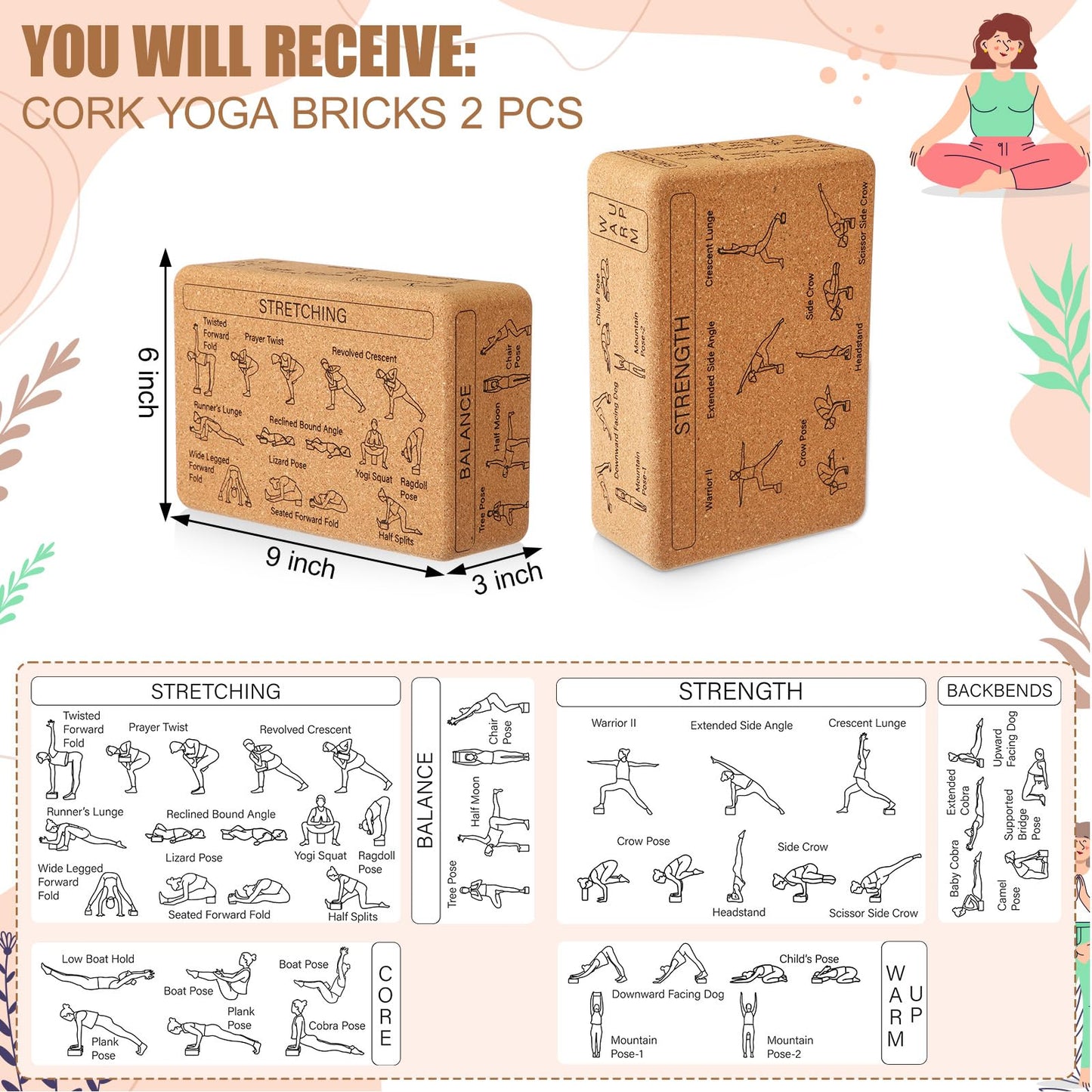 Halloscume Cork Yoga Blocks 2 Pack Yoga Poses Teaching Cork Blocks, Suitable Poses for Beginners and Experts High Density Block with Non Slip Surface for Better Support, Balance Comfort (Beige)