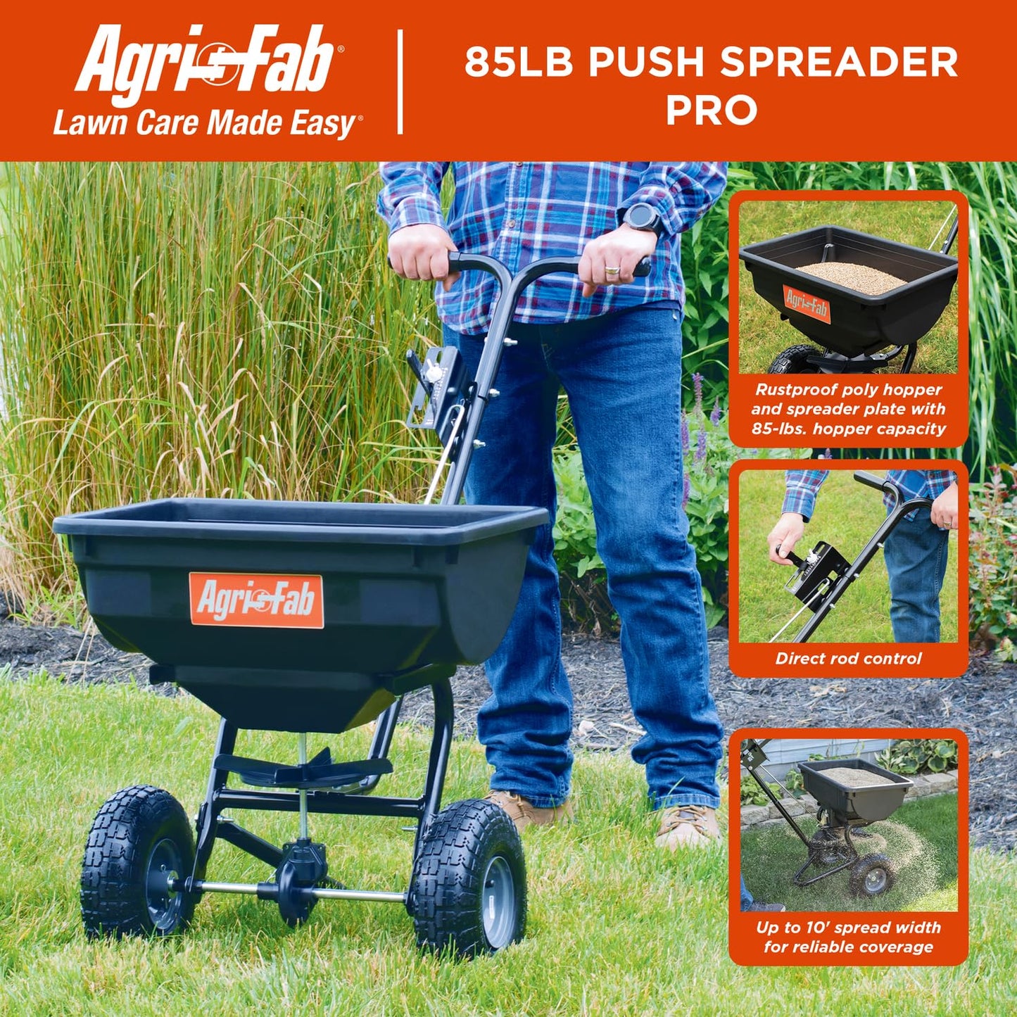 Agri-Fab Push Spreader Pro for Seed, Fertilizer and Lawn Care, 85 lb Capacity with 10 Ft Spread Width and Pneumatic Tires