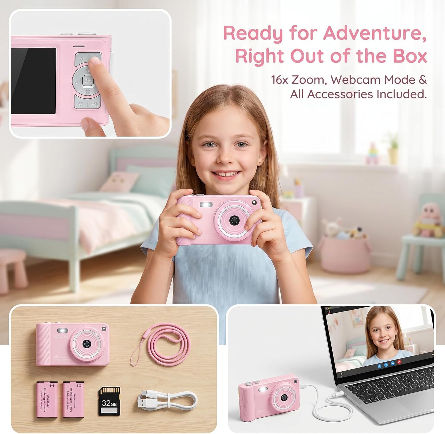 GCORDER 3-18, 50MP 1080P 16X 3-12, 13-18 Digital Camera,Pink Digital Camera for Kids Teens FHD Compact Camera with GB