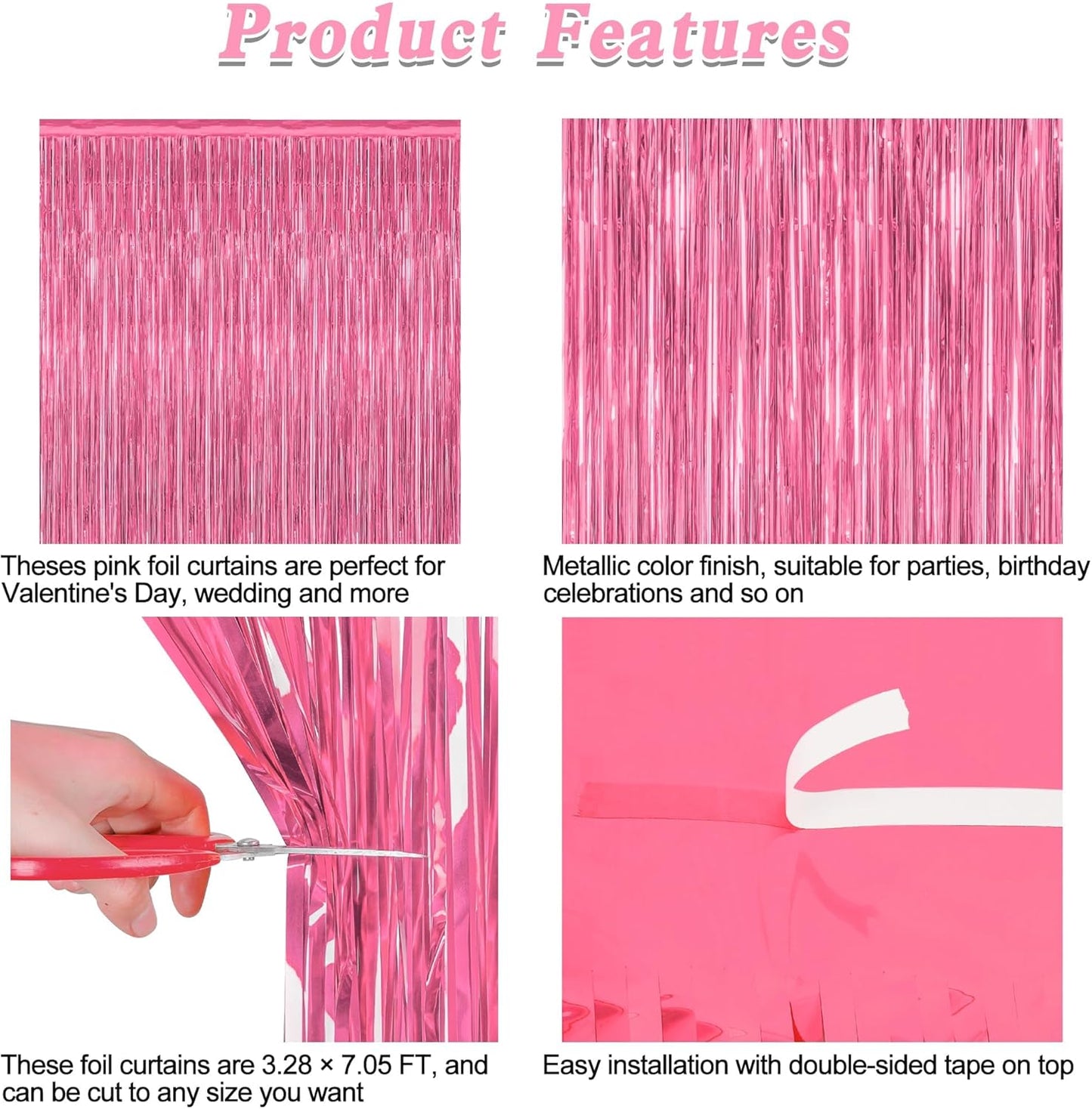 ZATAYE Pink Foil Fringe Curtains - 12 Pack Metallic Tinsel Backdrop for Birthday & Valentine's Day Decor | 3.28 FT x 7.05 FT