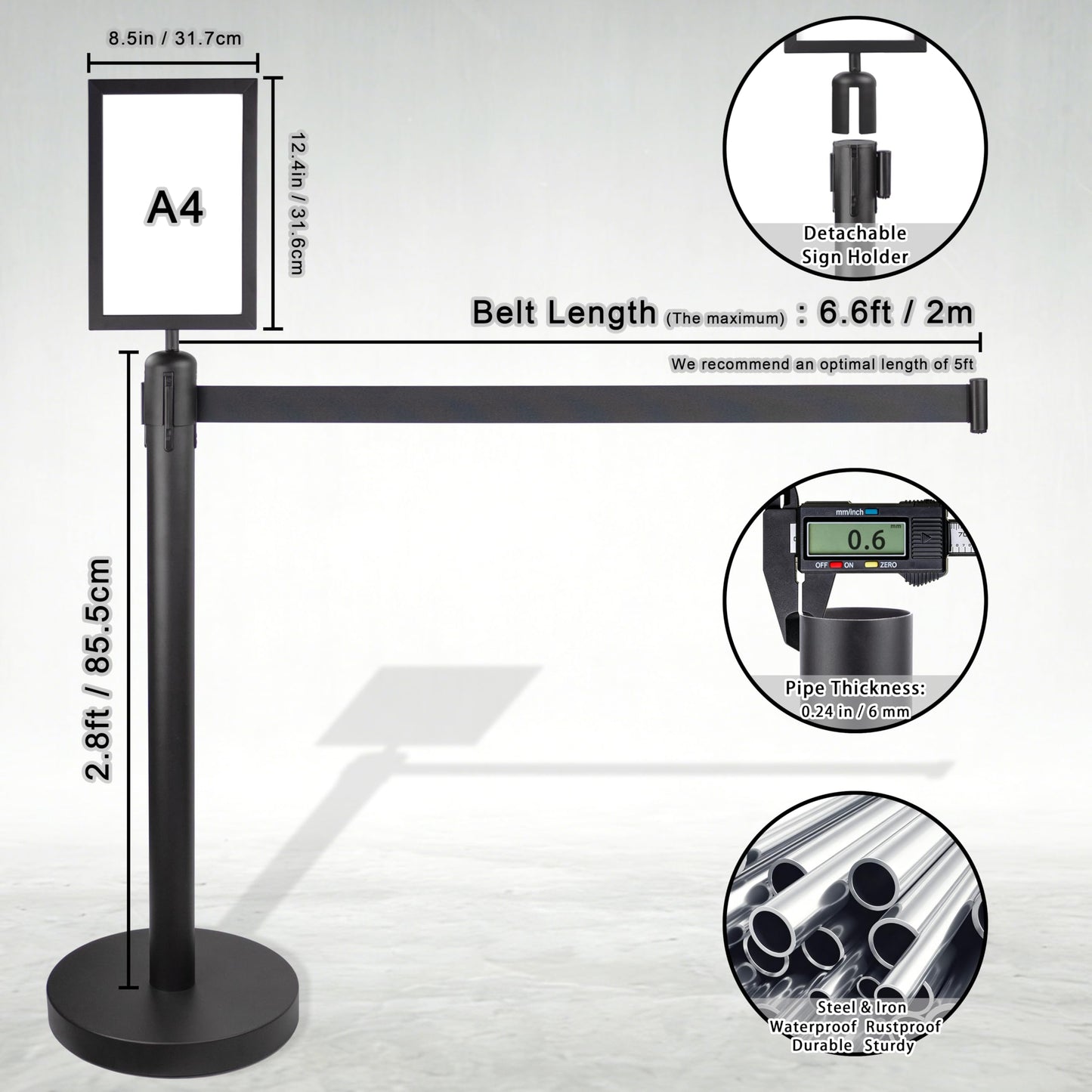 REGRACENLO Crowd Control Stanchion Set with Sign Topper,Black Stanchion with 6.6 ft Black Retractable Belt Barriers,Crowd Control Barriers with Durable Refillable Enlarged Base 6 Pcs