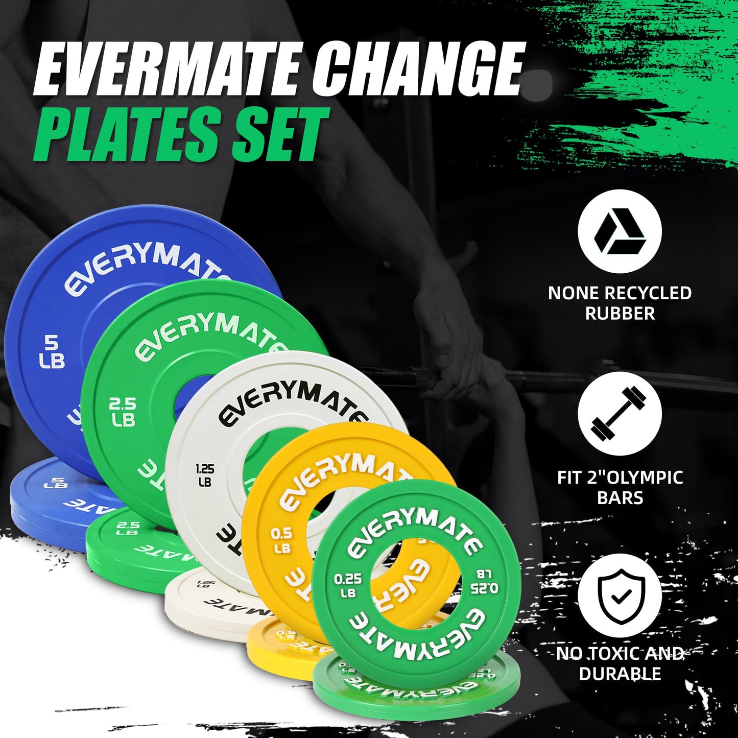 EVERYMATE Change Weight Plates Set 0.25LB,0.5LB1.25LB, 2.5LB, 5LB, Fractional Bumper Plate for Cross Training and Olympic Weightlifting