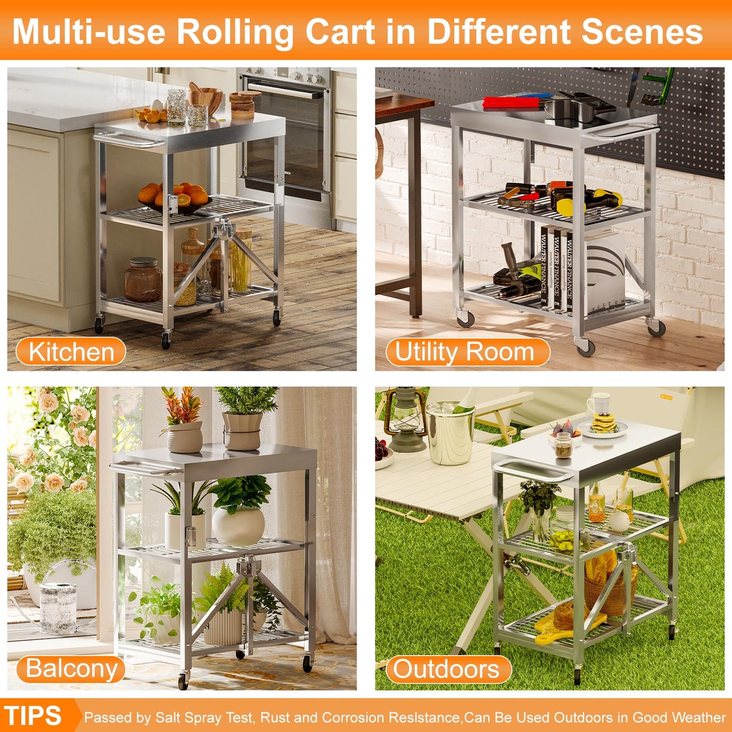 Stainless Steel Foldable Rolling Kitchen Cart with 3-Tier Shelves, 300LB Capacity, Wheels & Foldable Design, Top Worktable for Food Prep, Ideal for Kitchen, Restaurant, Warehouse, Outdoor & Hotel Use