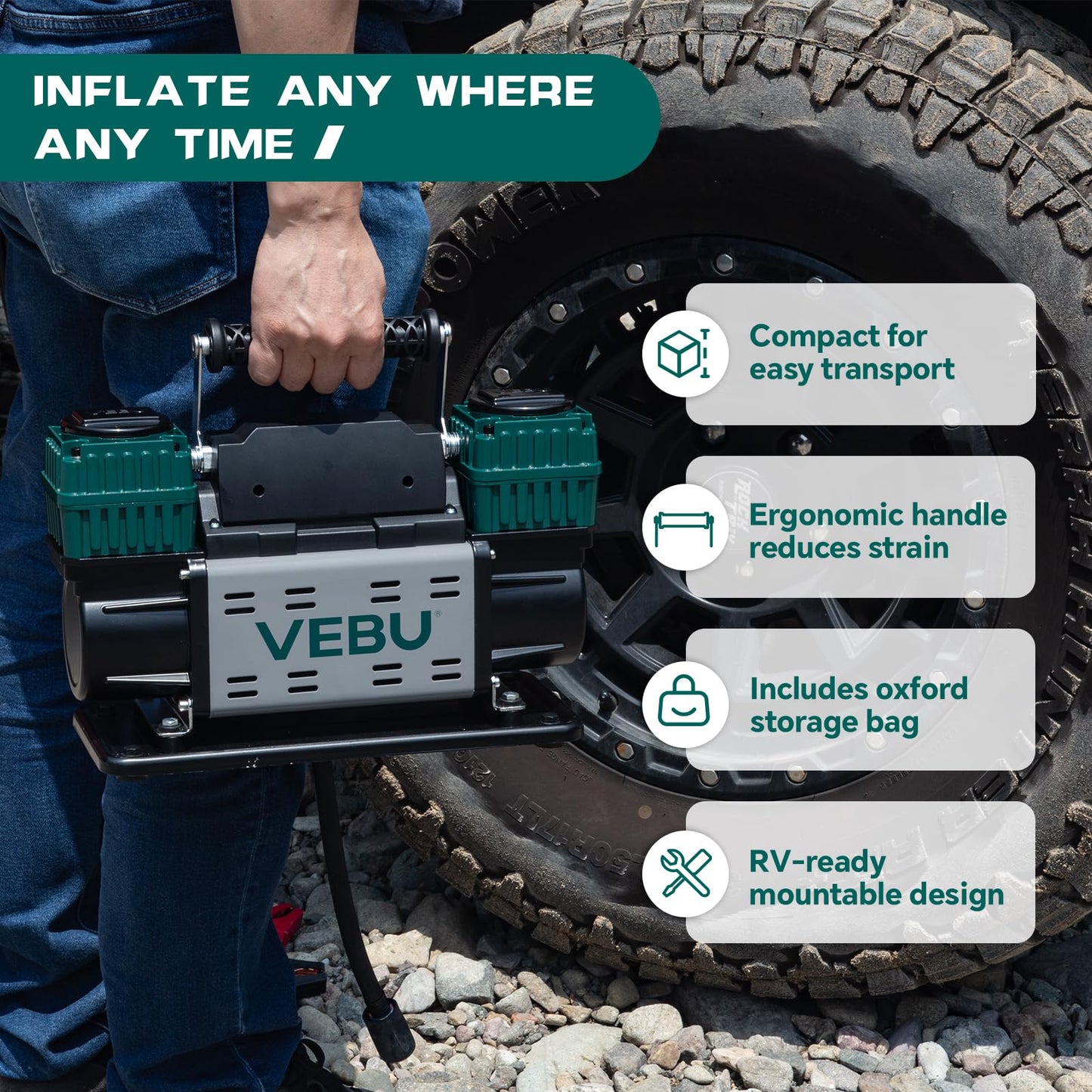 VEBU Air Compressor with 4 Tire Inflation and Deflation System, 10.6CFM Fast Infaltion, Preset Memory and Digital Display
