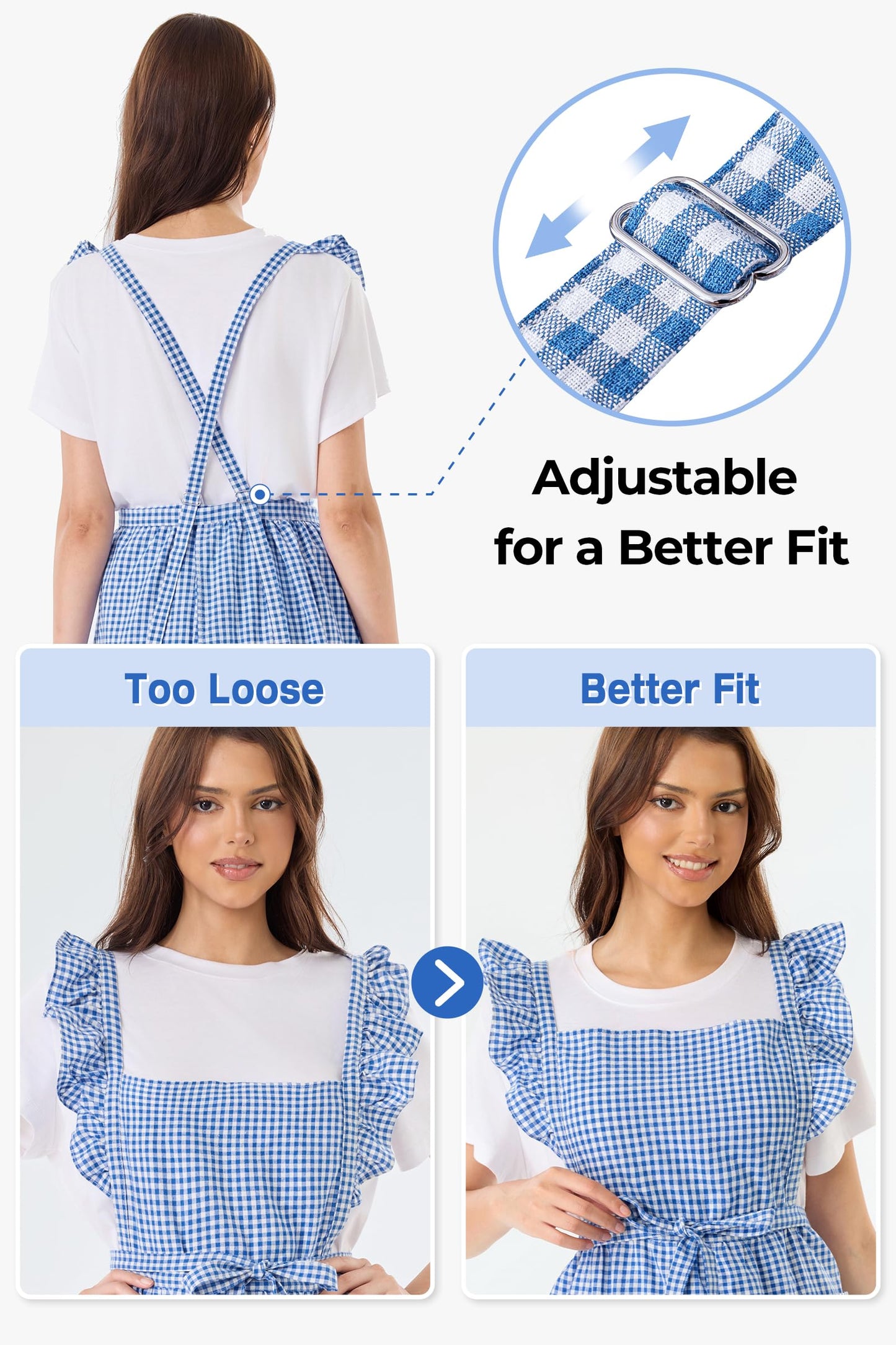 SeedBySea Vintage Gingham Apron for Women, Ruffle Straps, 2 Pockets, Cross Back, Soft Cotton, Apron Dress Style for Cooking & Baking
