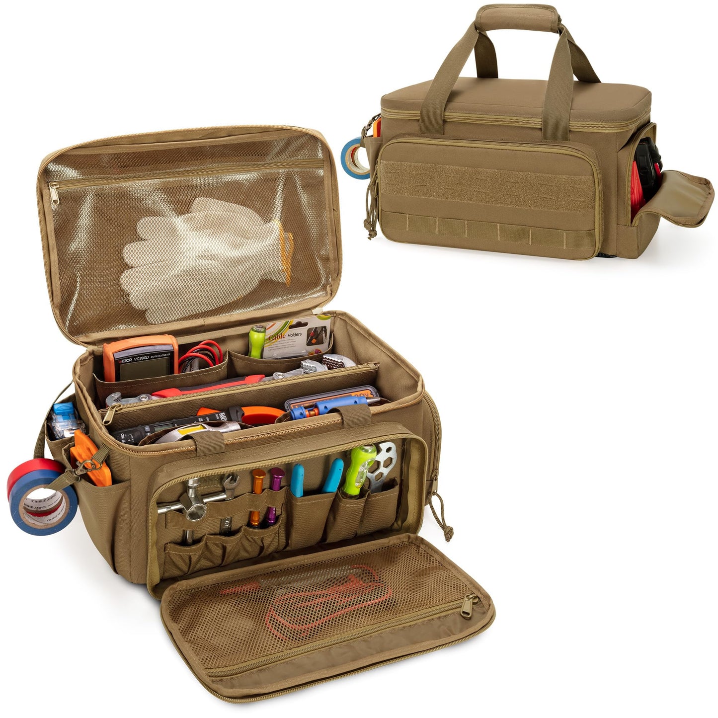 Rexmica 14-Inch Tool Bag with Anti-friction Bottom, Hand Tool Storage Organizer for Men, Tactical Range Bag, Multi-purpose Work Tote for Repairman, Carpenters, Handyman, Khaki
