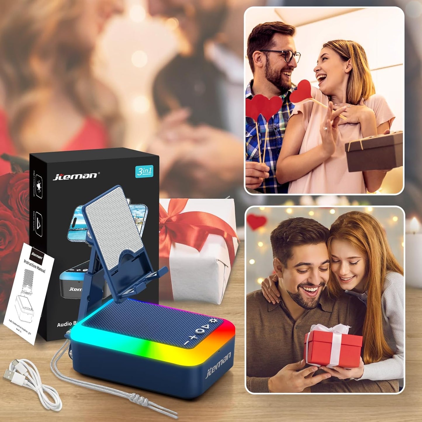JTEMAN Gifts for Men Women Cell Phone Stand with Bluetooth Speaker and Light, Portable Lanyard, Cool Tech Gifts for Dad