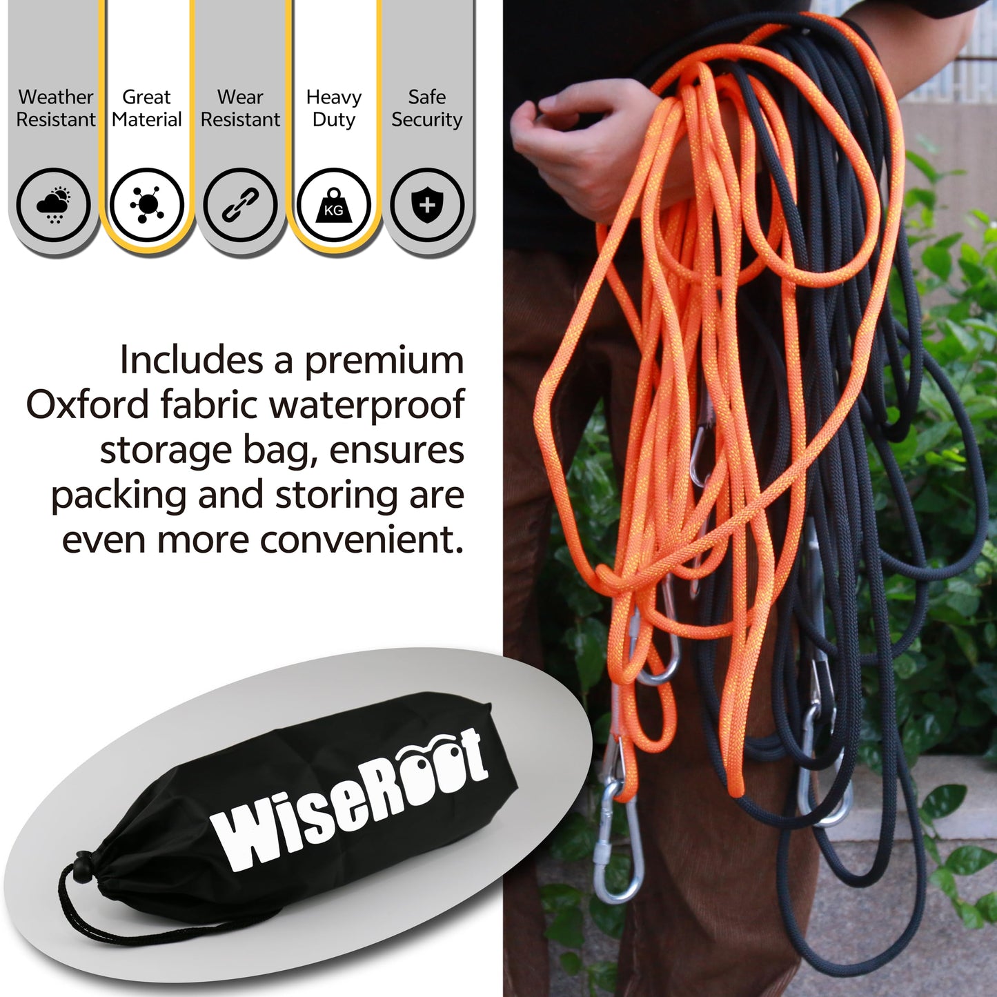 WISEROOT 8mm Static Climbing Rope: Heavy Duty Outdoor Rock Climbing Rope for Arborist Tree Work, Rescue, Camping & Hiking, (10m/32ft, 20m/64ft, 30m/96ft) Orange/Black (Black, 32 Feet)