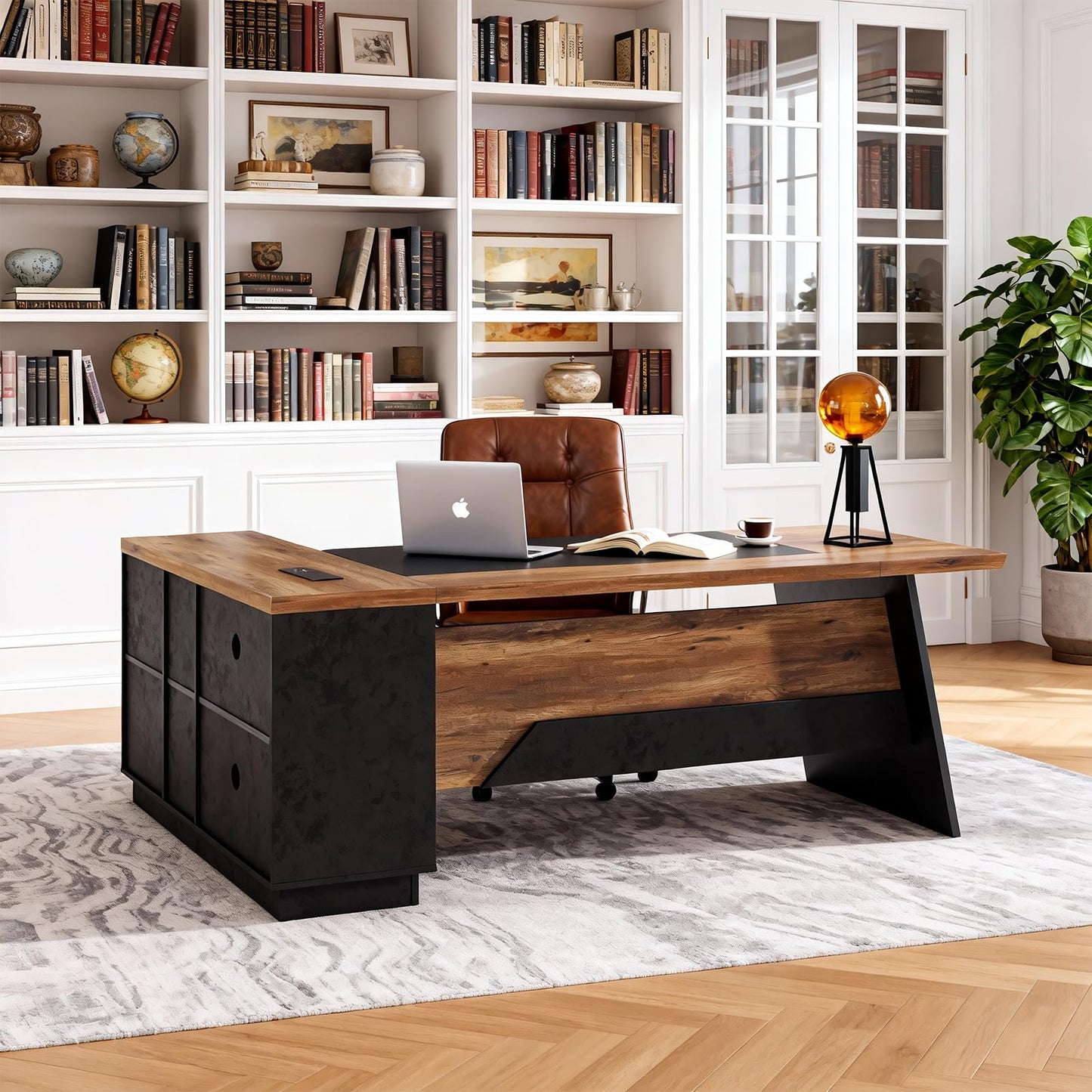 ONNAHOMEStlyle 78.74 Inch L Shaped Office Desk with Drawers & Built-in Power Access, Large Executive Workstation with Storage Cabinet, Modern Wooden Desk for Business or Home Office (claybank, Right)