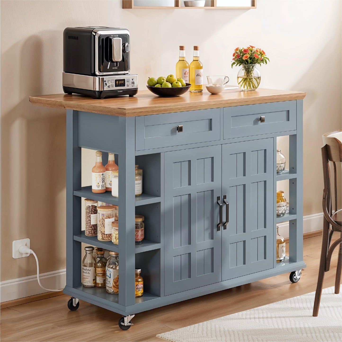 YITAHOME Kitchen Island with Drop Leaf & Power Outlet, Rolling Kitchen Cart on Wheels, Americana Kitchen Island Cabinet with Open Shelves for Kitchen Dining Room, Thicker Rubberwood Top, Grey Blue