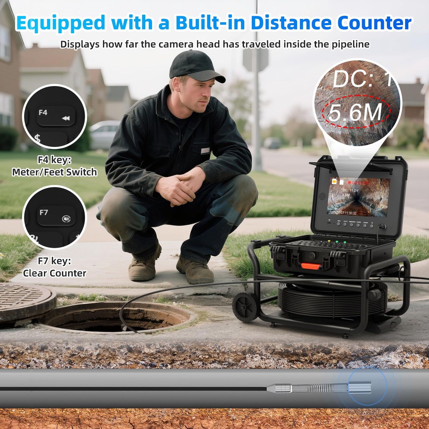 Sanyipace Self-Leveling Sewer Camera 165FT/50M with Wheels and Retractable Handle, Drain Camera with 512Hz Probe, Meter Counter, Video & Audio Record Speaker, Keyboard Input, 5X Zoom, 10" HD Screen