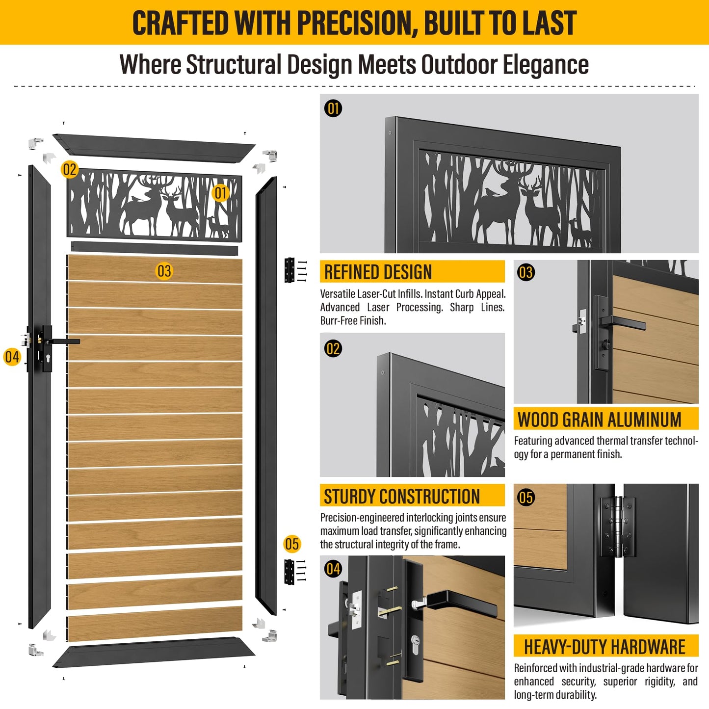 Brukid 3x6 FT Aluminum Fence Gate Kit Wood Grain Aluminum Gate with Decorative Cutout, Lock & Hinges, Left/Right Opening, Weather Resistant for Yard Garden Patio