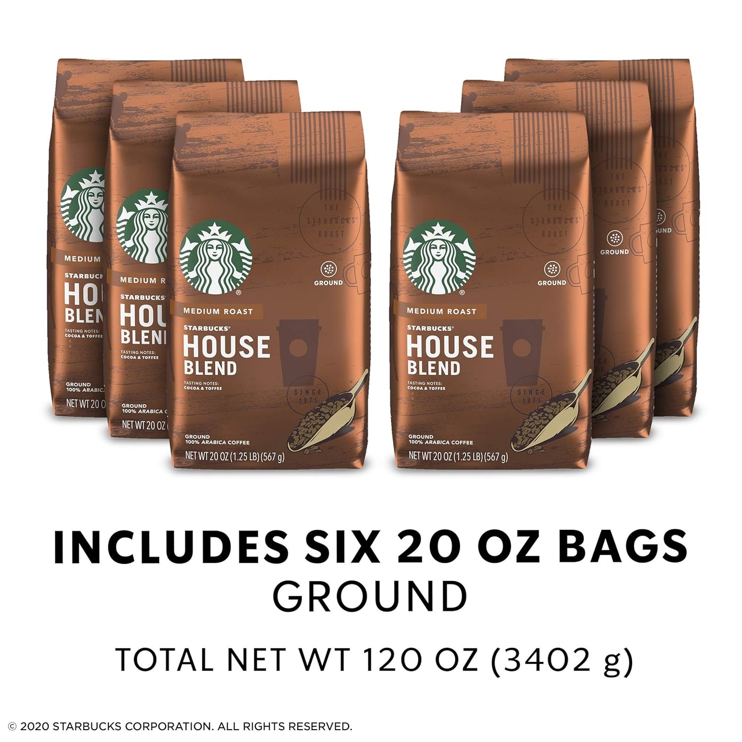 Starbucks Medium Roast Ground Coffee - House Blend - 100% Arabica - 6 Bags (20 Oz. Each)