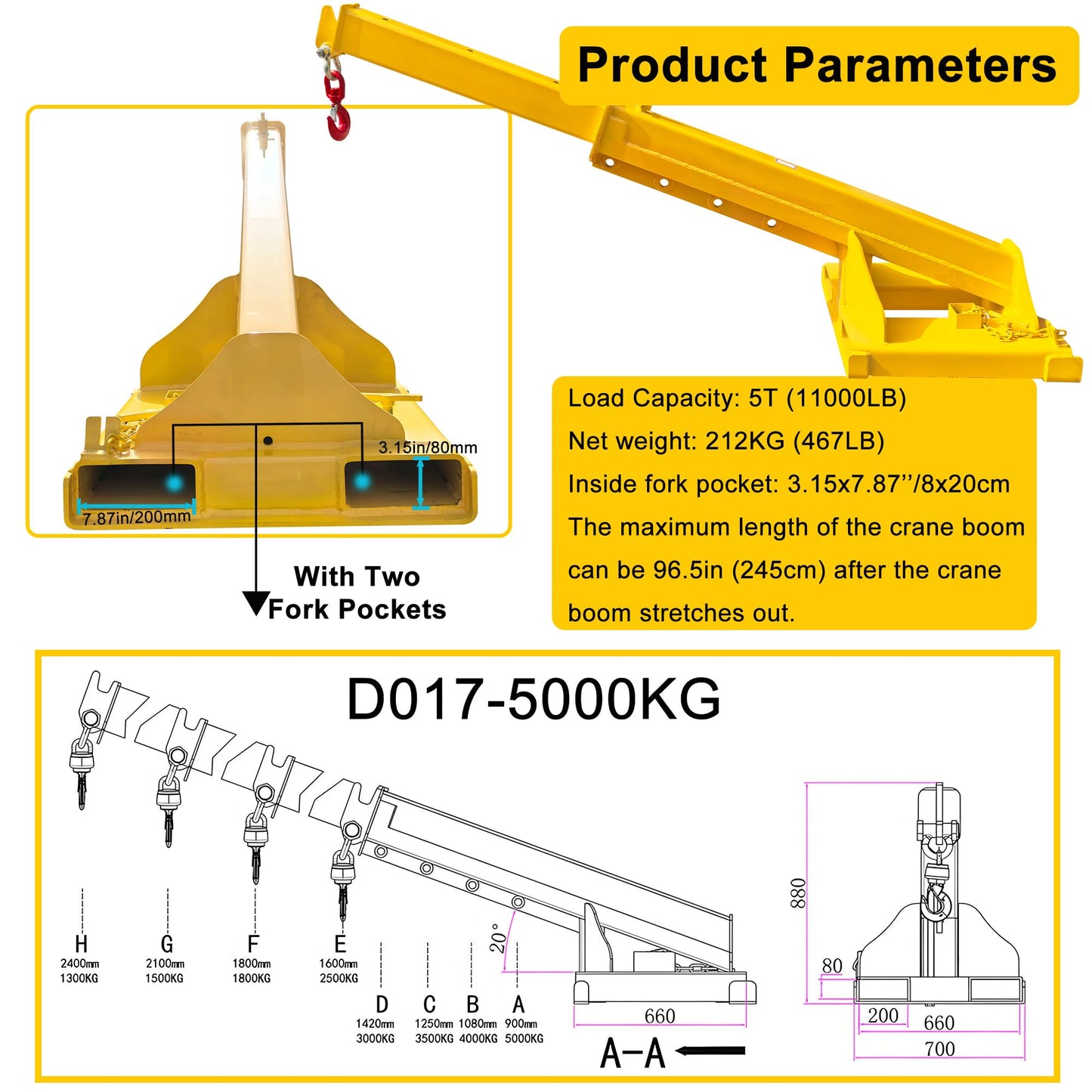 HayWHNKN Forklift Jib Boom Forklift Mobile Crane, 5T / 11000LB Telescopic Crane Attachment with Hook, Max Length 96.5'' Mobile Lifting Hoist Towing Handling for Warehouse & Construction Material
