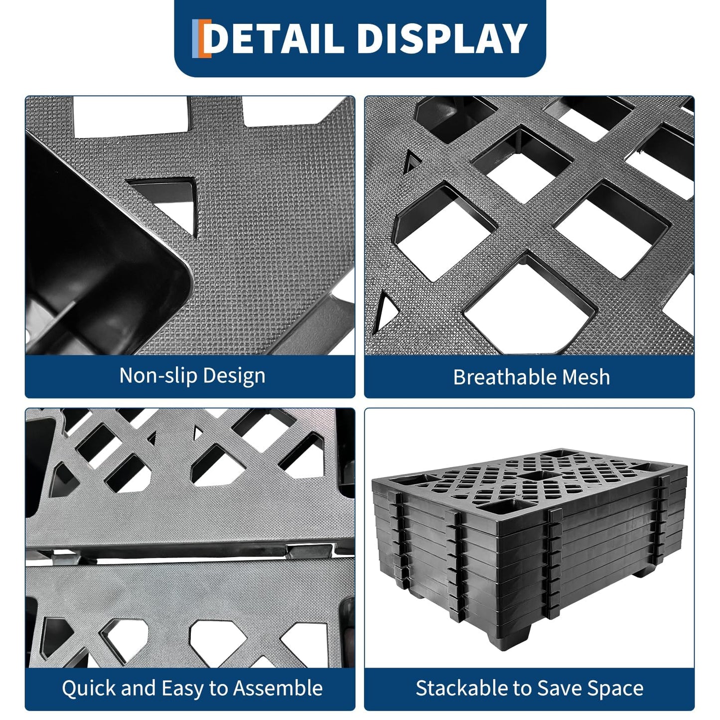 GarveeTech 8 Pcs Plastic Pallet, Modular Stackable Ventilation Pallet, 2200lbs Capacity Heavy-Duty Forkliftable Tray for Garage, Workshop, Easy to Clean, 23.6"l x 15.7"w x 3.9"h