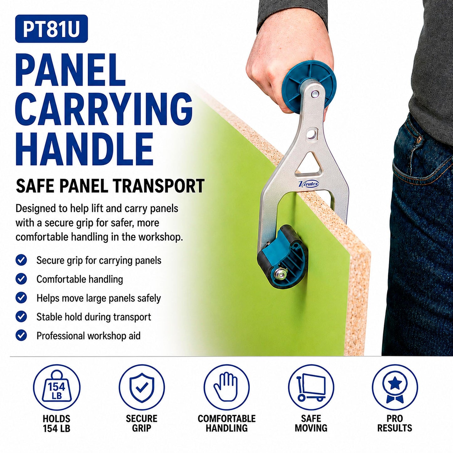 Virutex PT81U Panel Carrier & Plywood Carrying Tool – Drywall & PVC Sheet Lifter, 46mm / 1.81" Capacity, 70kg Load, Ergonomic Aluminum Handle