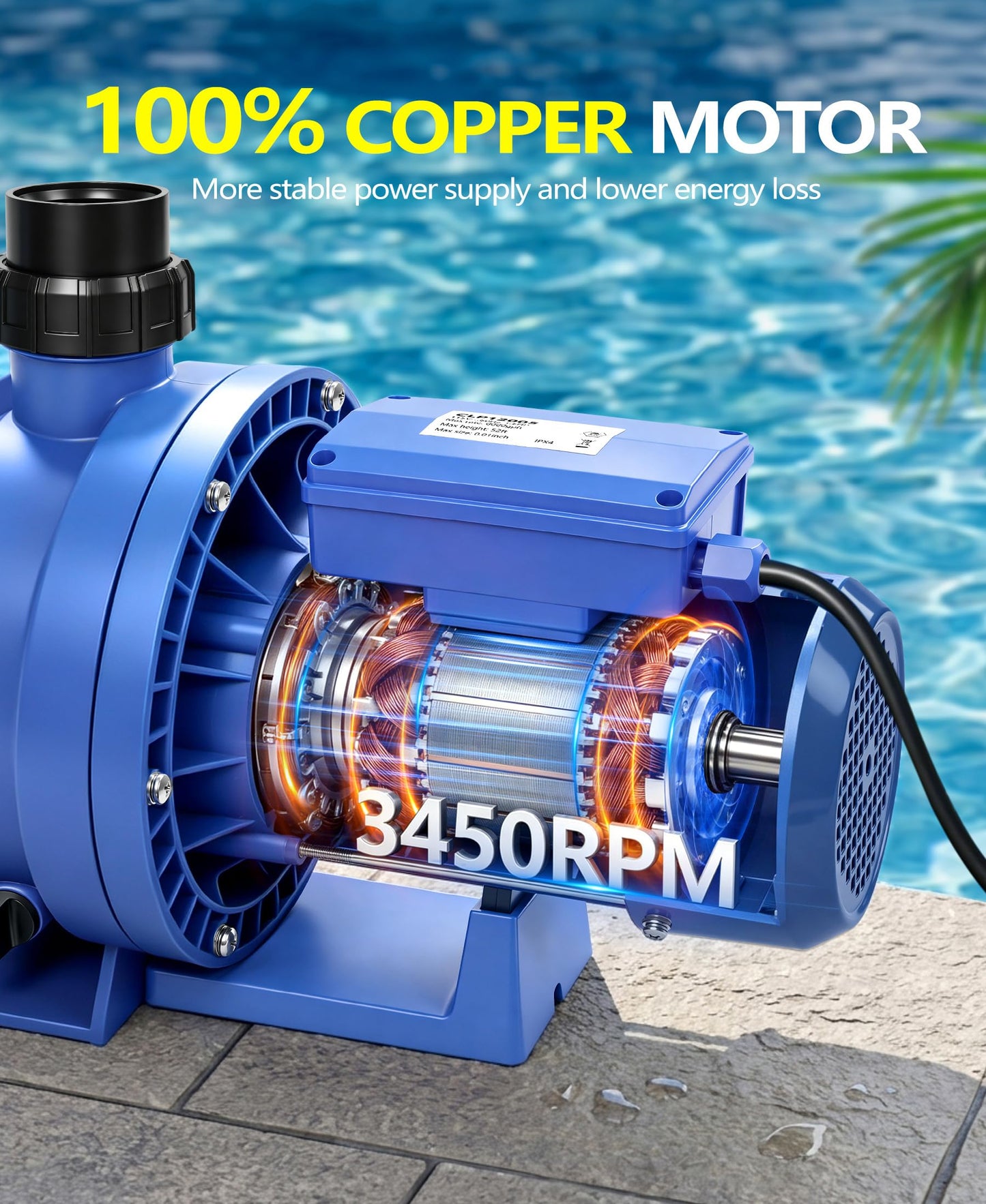 LuxBlue 1.5HP In/Above Ground Pool Pump | Powerful Self-Priming Pool Pumps | Max 6060GPH, 52FT Head Lift for Energy Efficient Water Circulation & Filtration, Includes 1.25"/1.5"/2" Hose Connectors