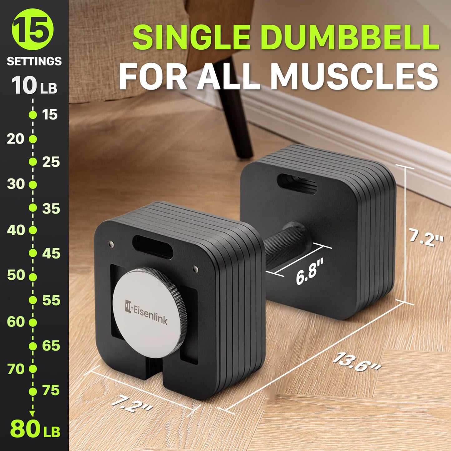 Eisenlink Adjustable Dumbbells, 80lbs Pair, 5pound Increments, Quick-Lock Square Weight set for Home Gym Fitness (80lbx2)