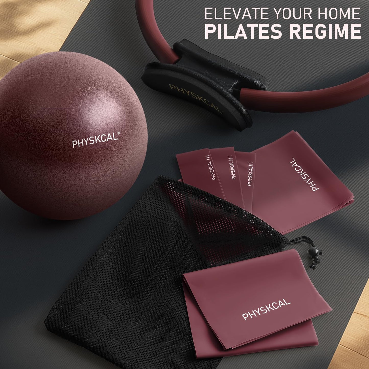 PhysKcal Pilates Ring Set, 15-Inch Pilates Circle with 1x Core Ball, 3X Resistant Loop and 2X Flex Band, Home Pilates on Mat Essential Kit (Plum)